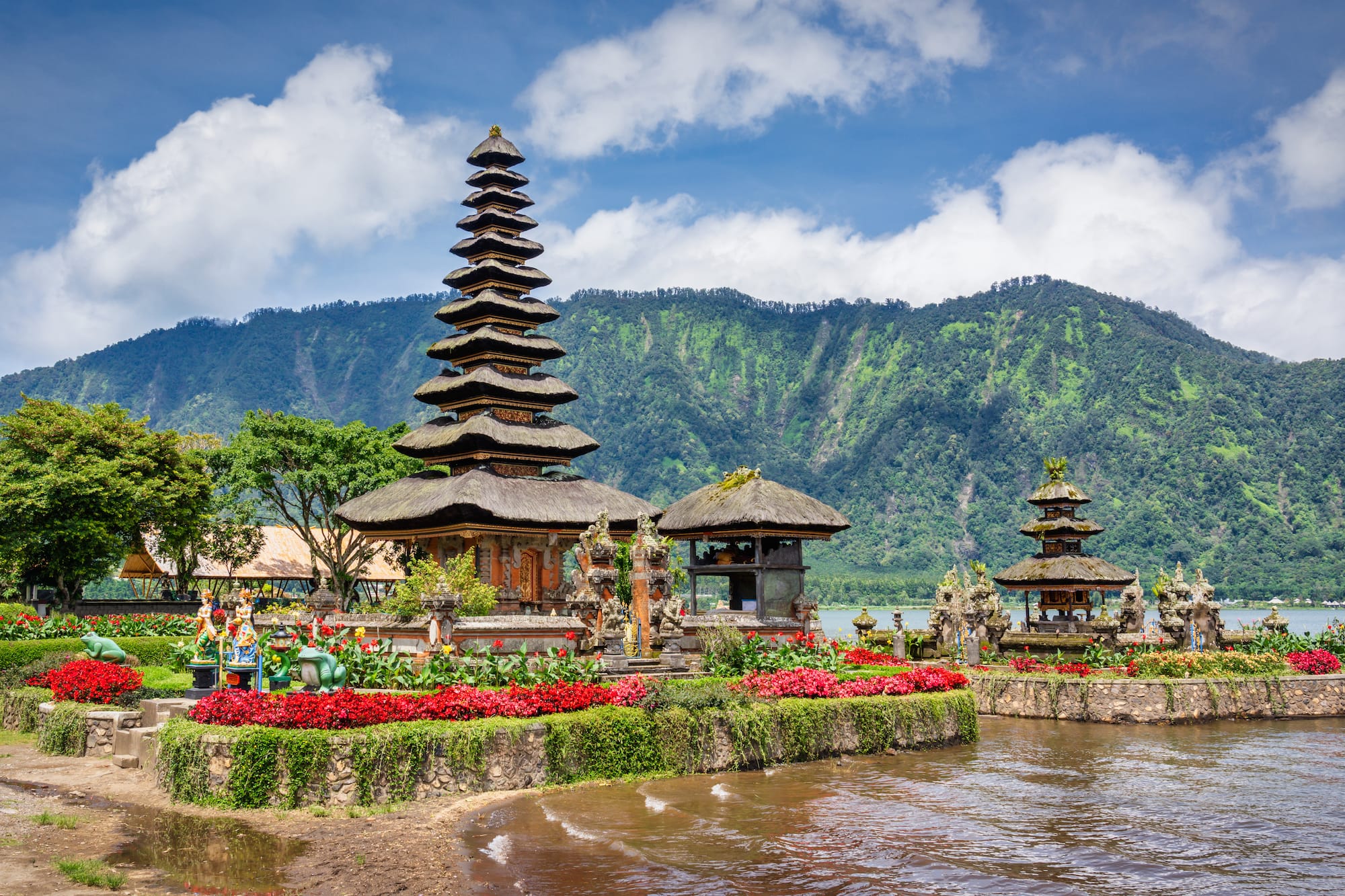 a lake with a pagoda and flowers