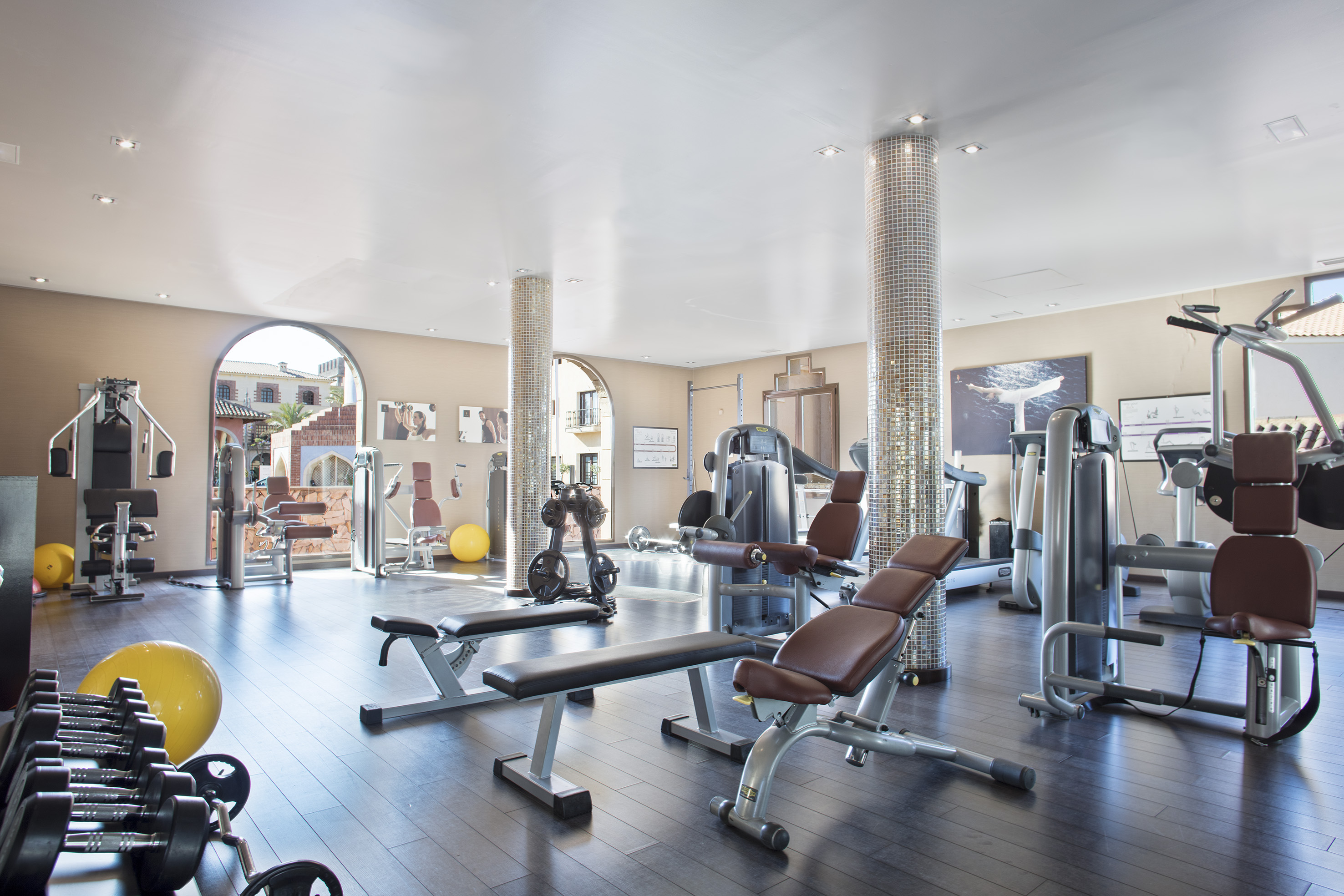 Well-equipped resort gym with exercise machines and free weights.