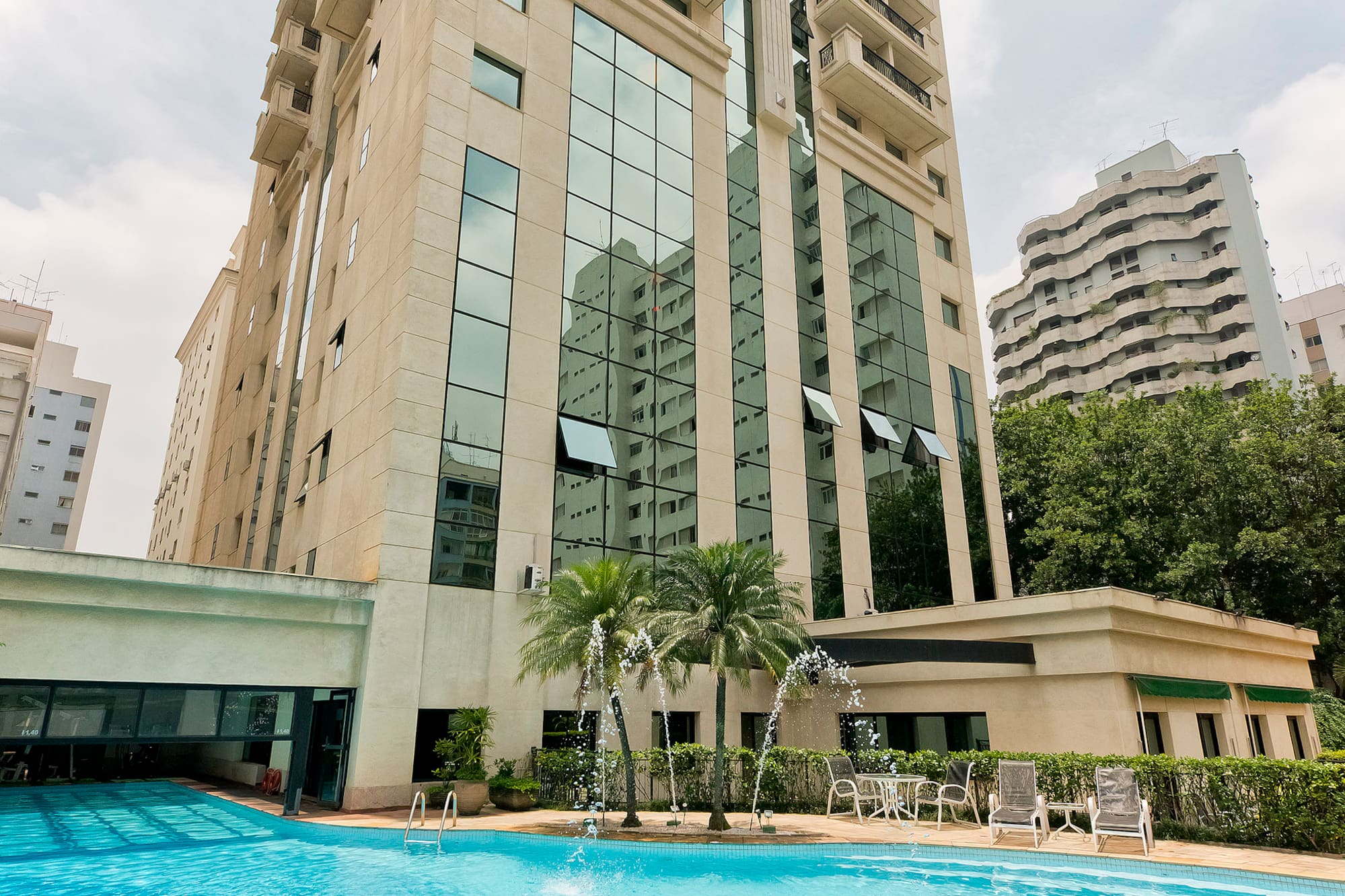 a pool in front of a building