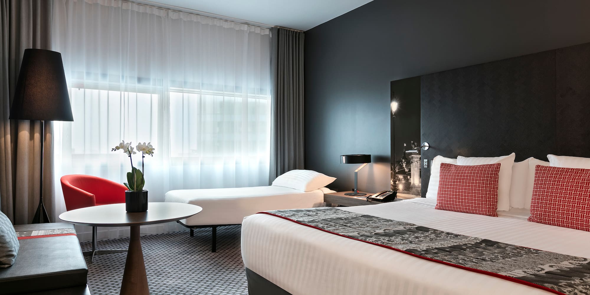 a room with a bed and a table