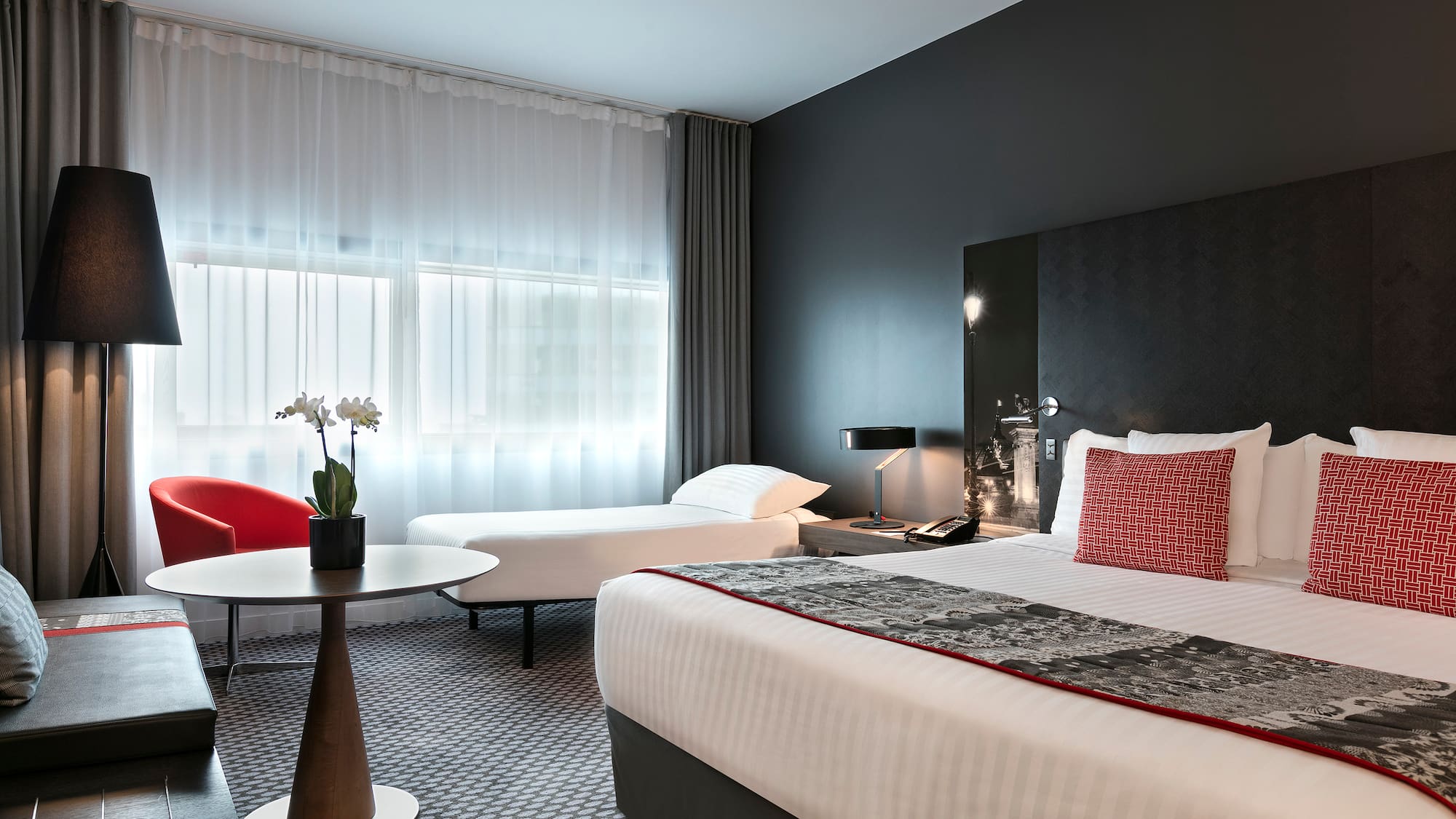 a room with a bed and a table