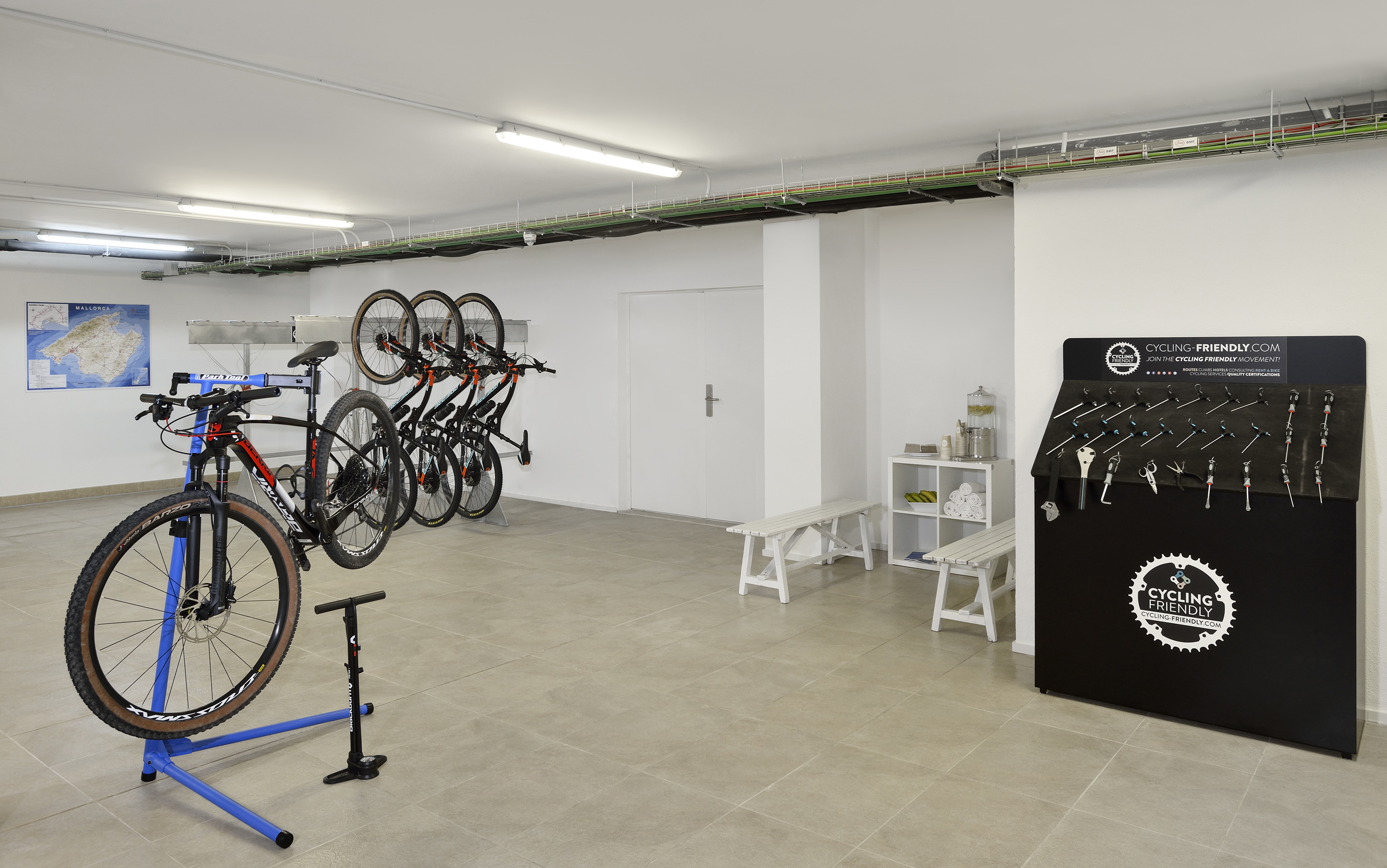 a bicycle in a garage