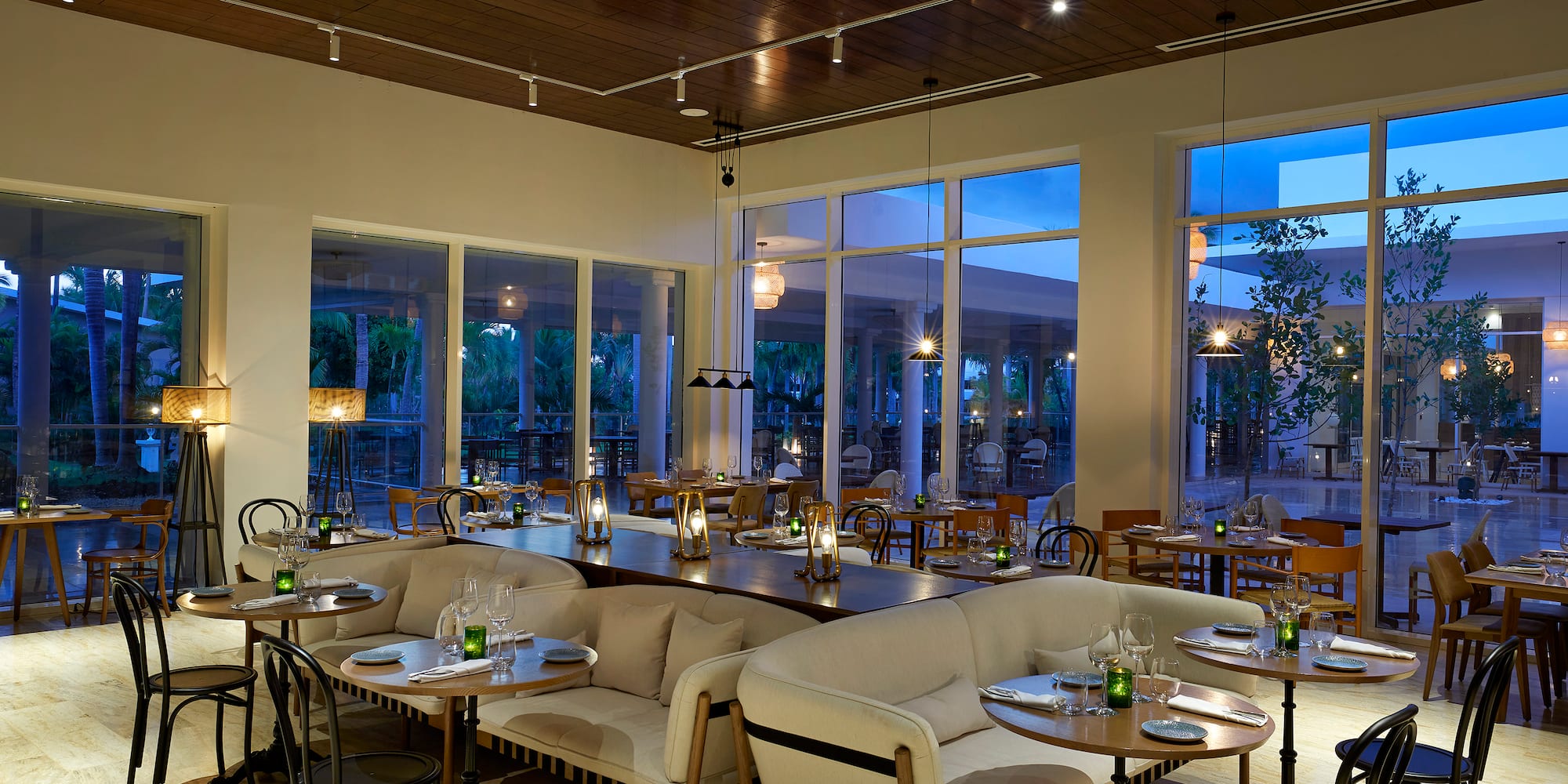 a room with tables and chairs