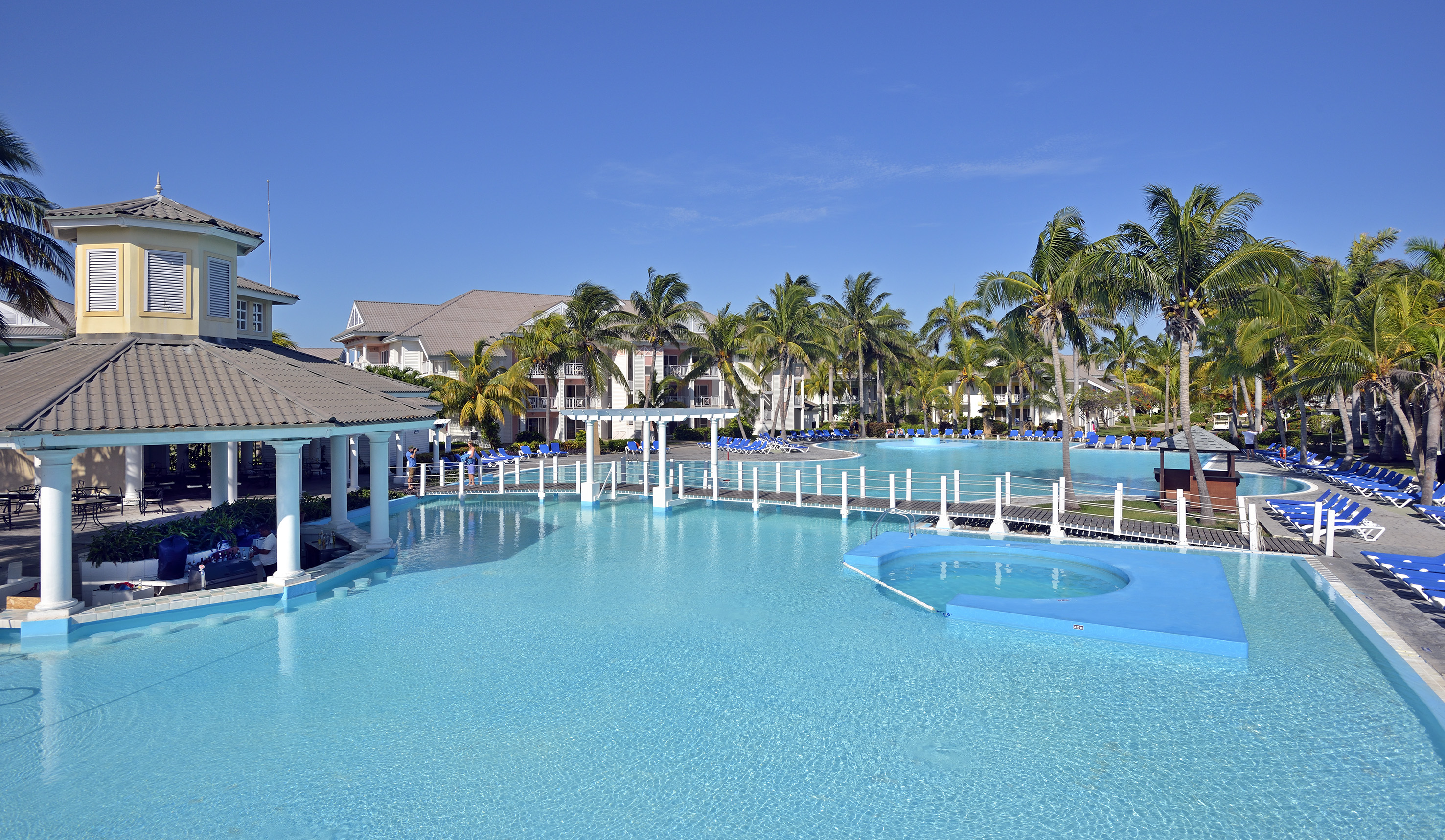 a swimming pool with palm trees and a building