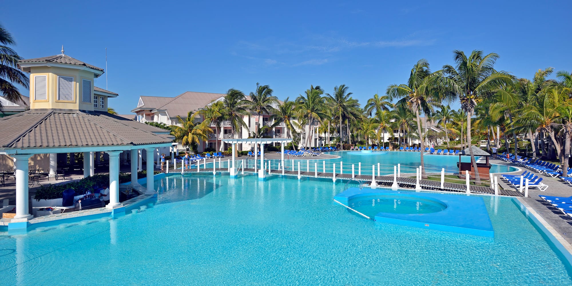 a swimming pool with palm trees and a building