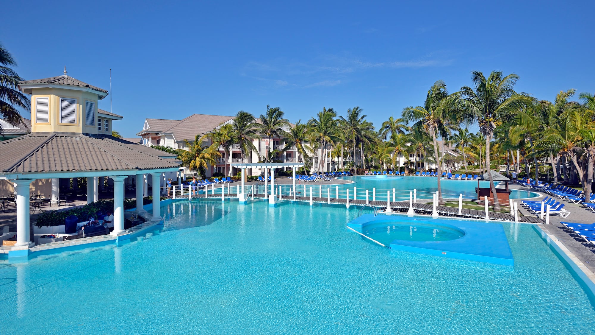 a swimming pool with palm trees and a building