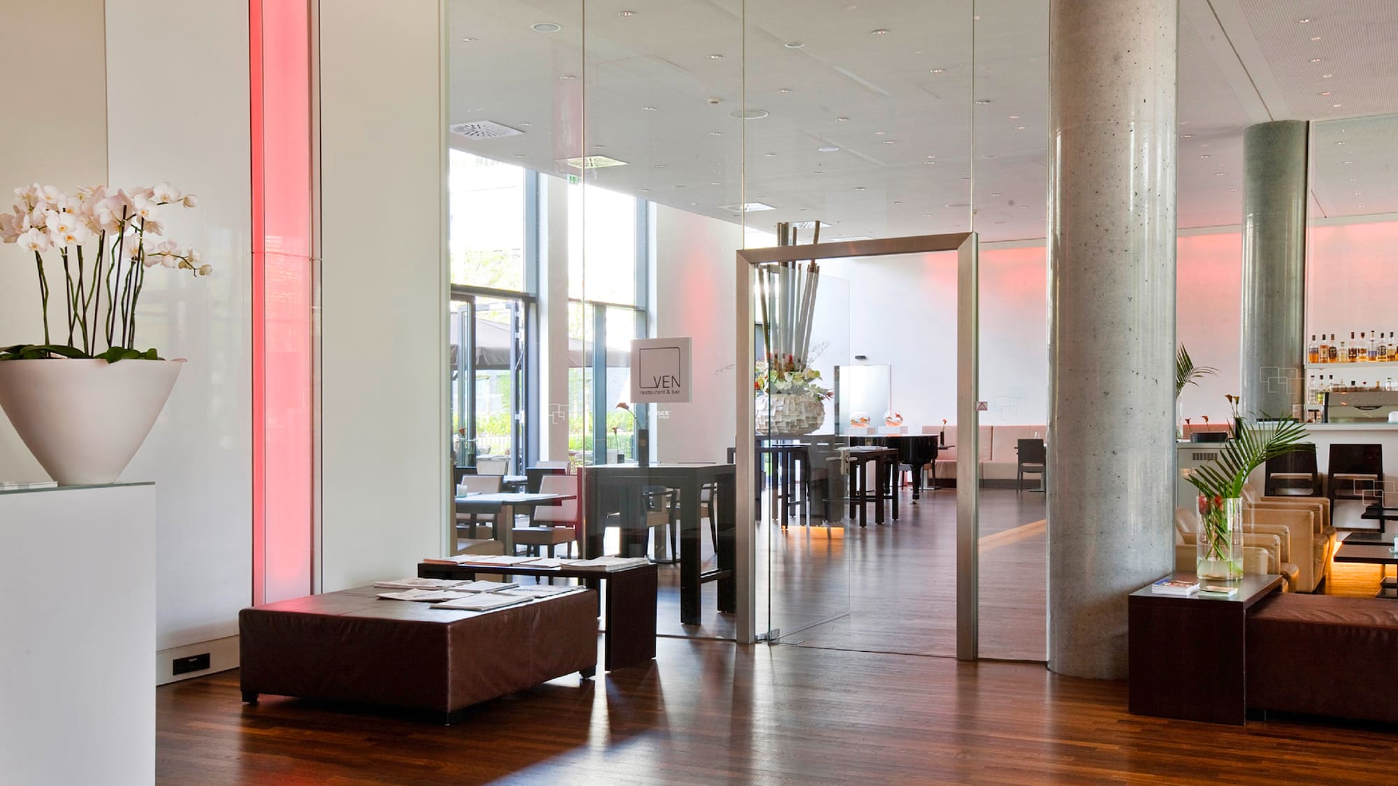 a room with a glass door