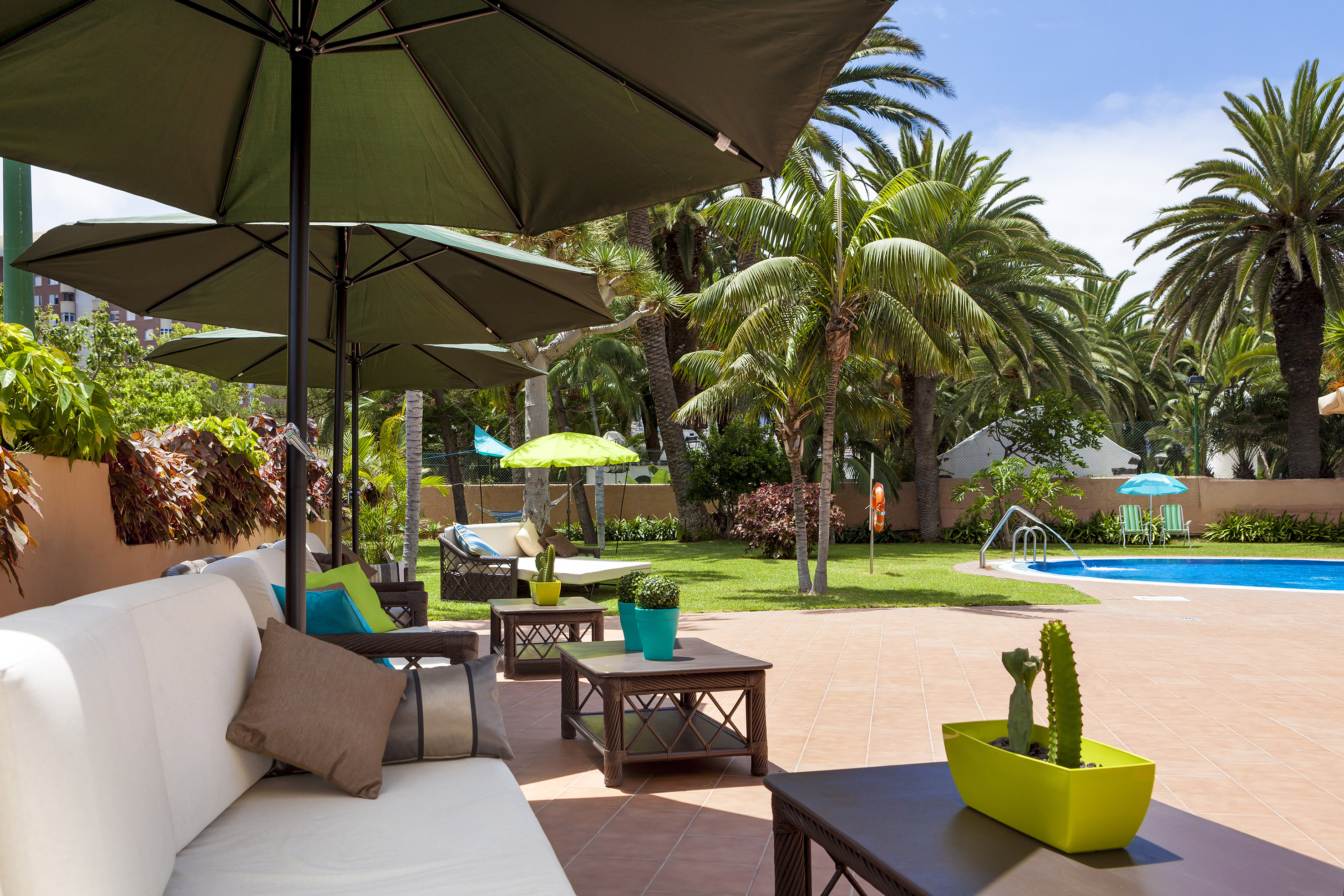 Shaded resort patio with lounge seating, palm trees, and blue swimming pool.