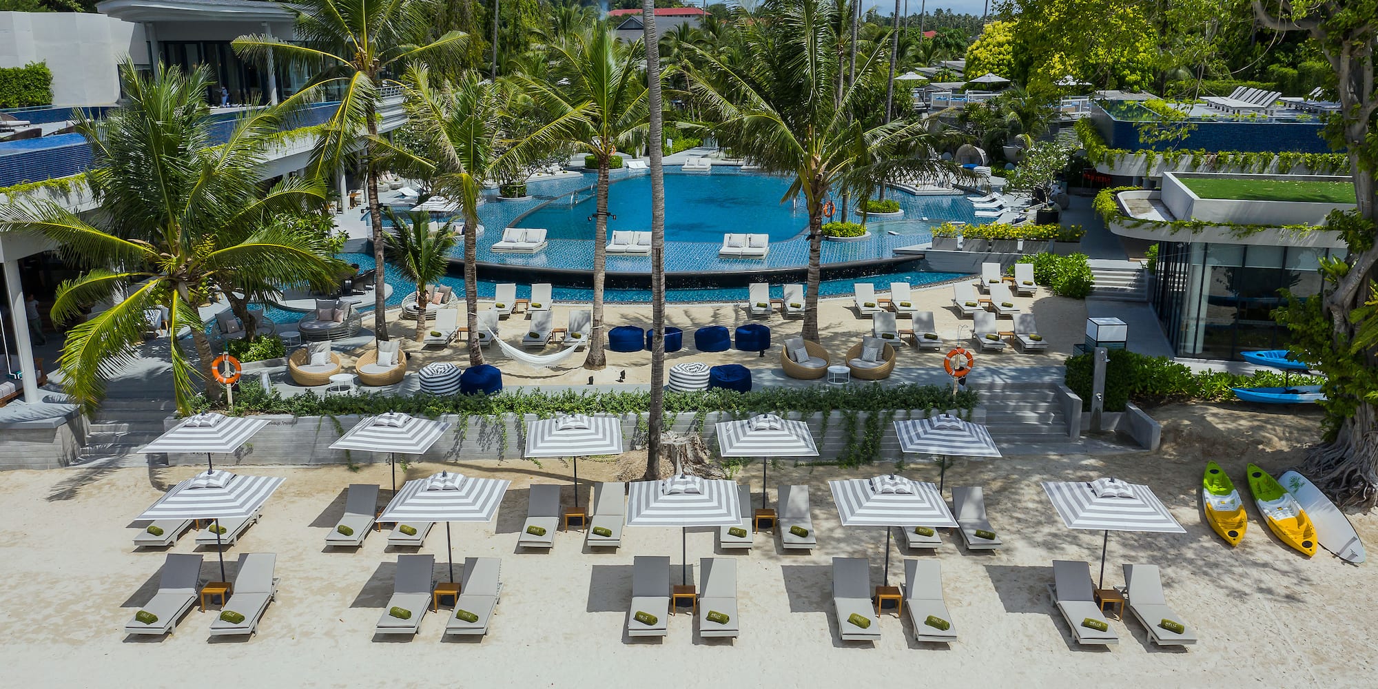 a pool with palm trees and chairs and umbrellas