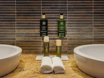 a bathroom with two sinks and two bottles of shampoo