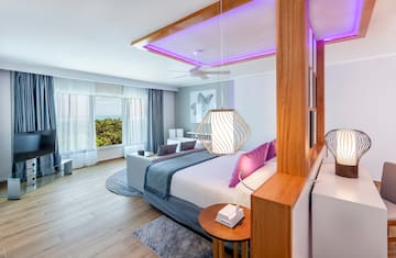 a bedroom with a large bed and a ceiling fan