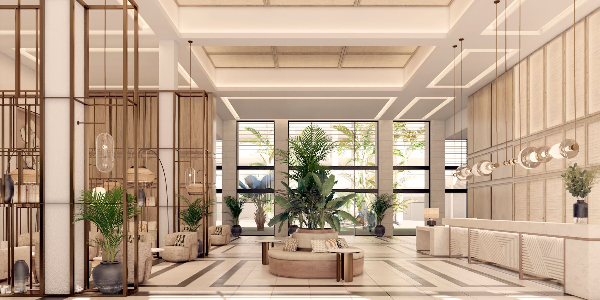 a room with a large plant