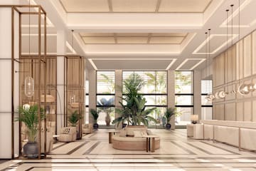 a room with a large plant