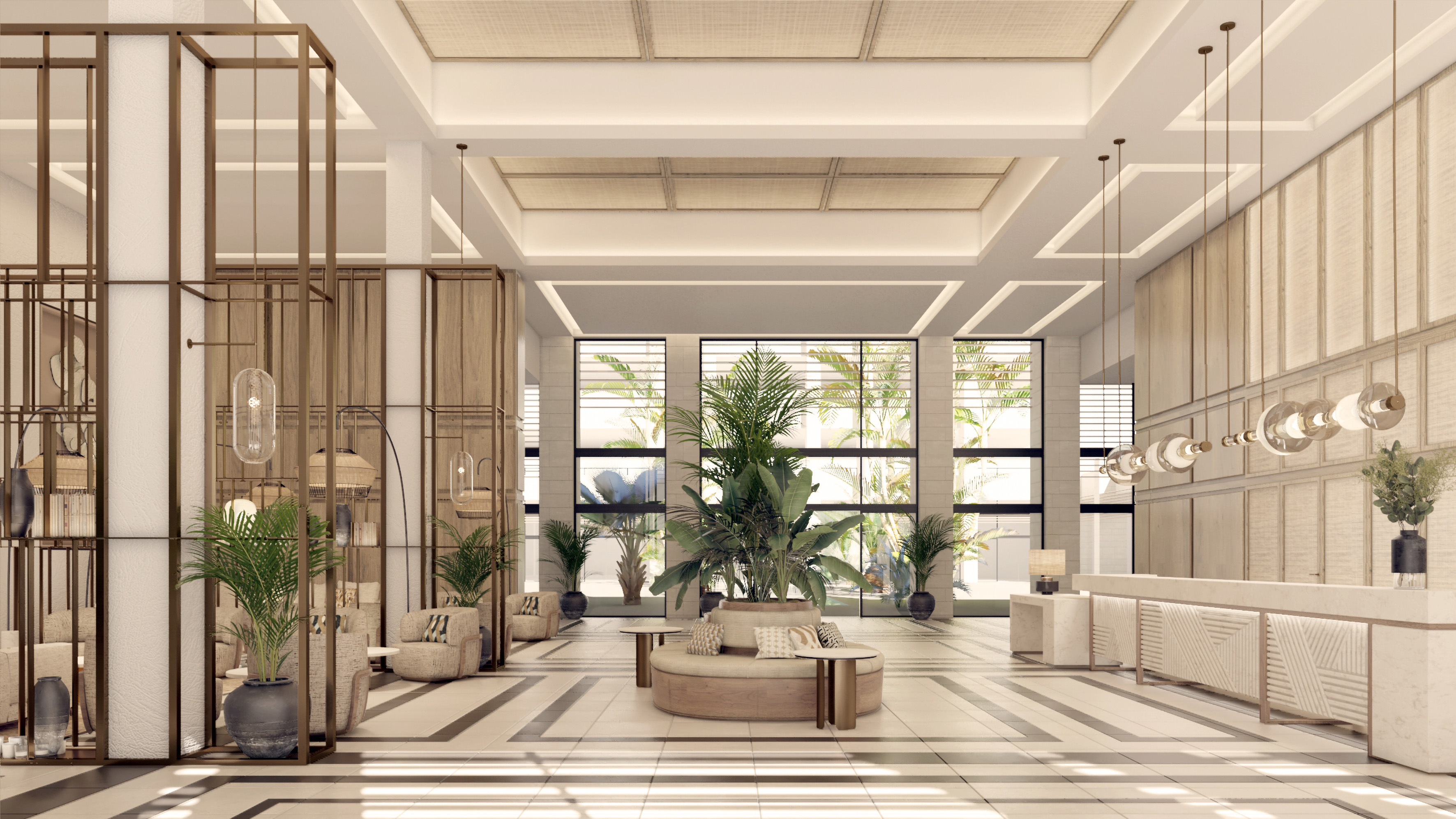 Luxurious resort lobby with tropical plants, modern lounge, and reception desk.