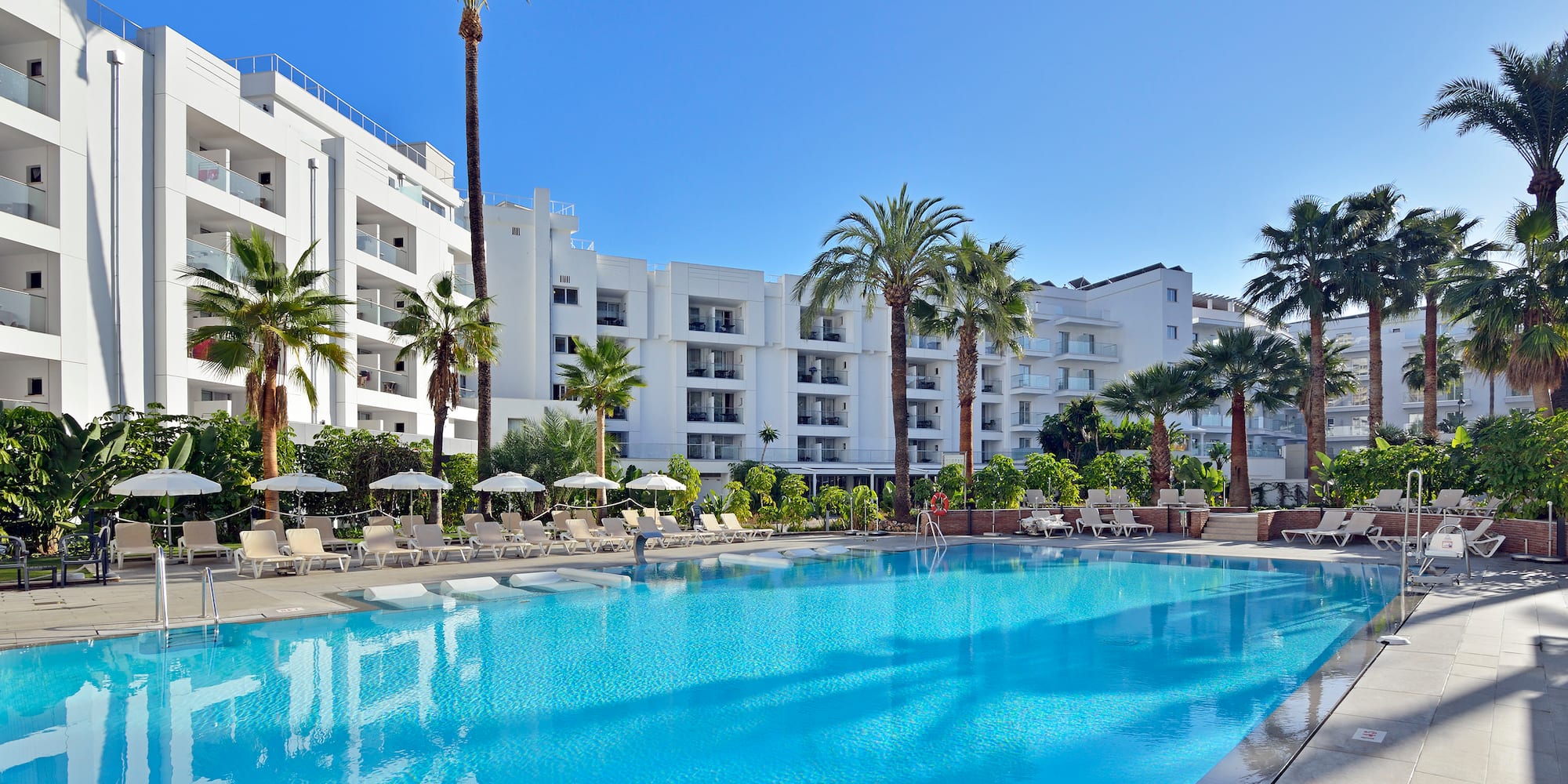 a swimming pool with palm trees and a building