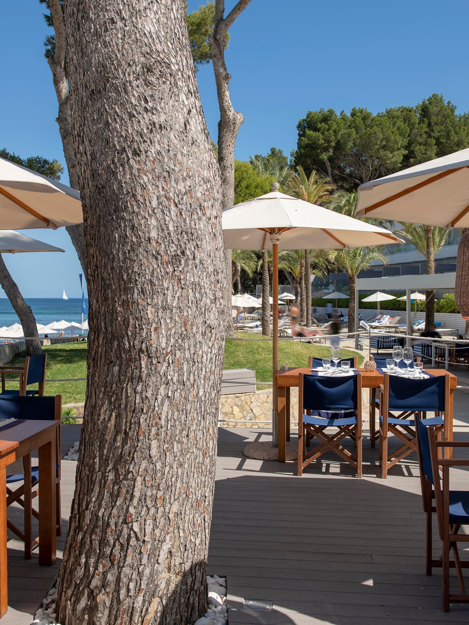 a tables and chairs outside with umbrellas