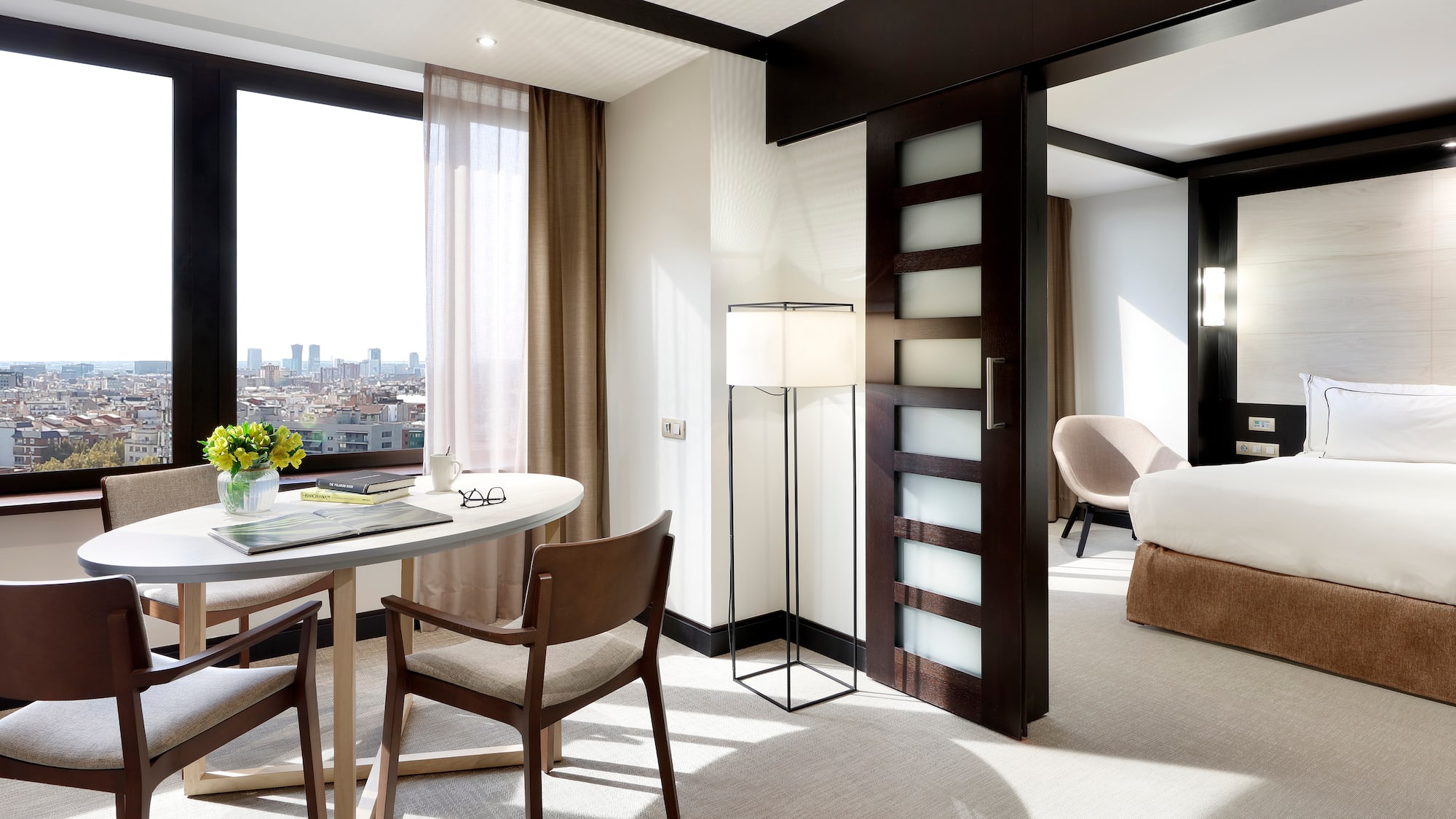 a room with a table and chairs