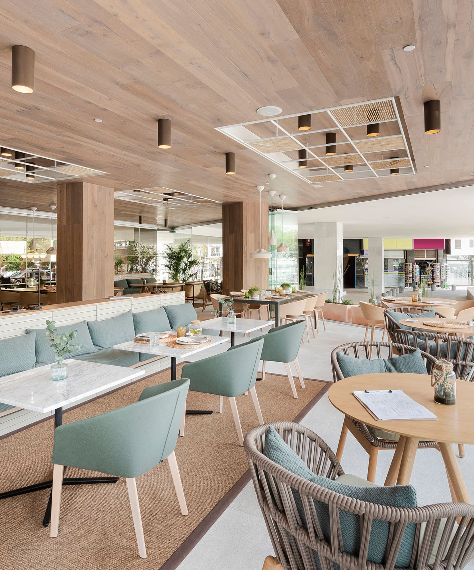 a room with tables and chairs