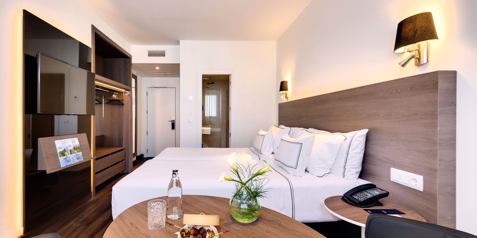 a room with a bed and a table