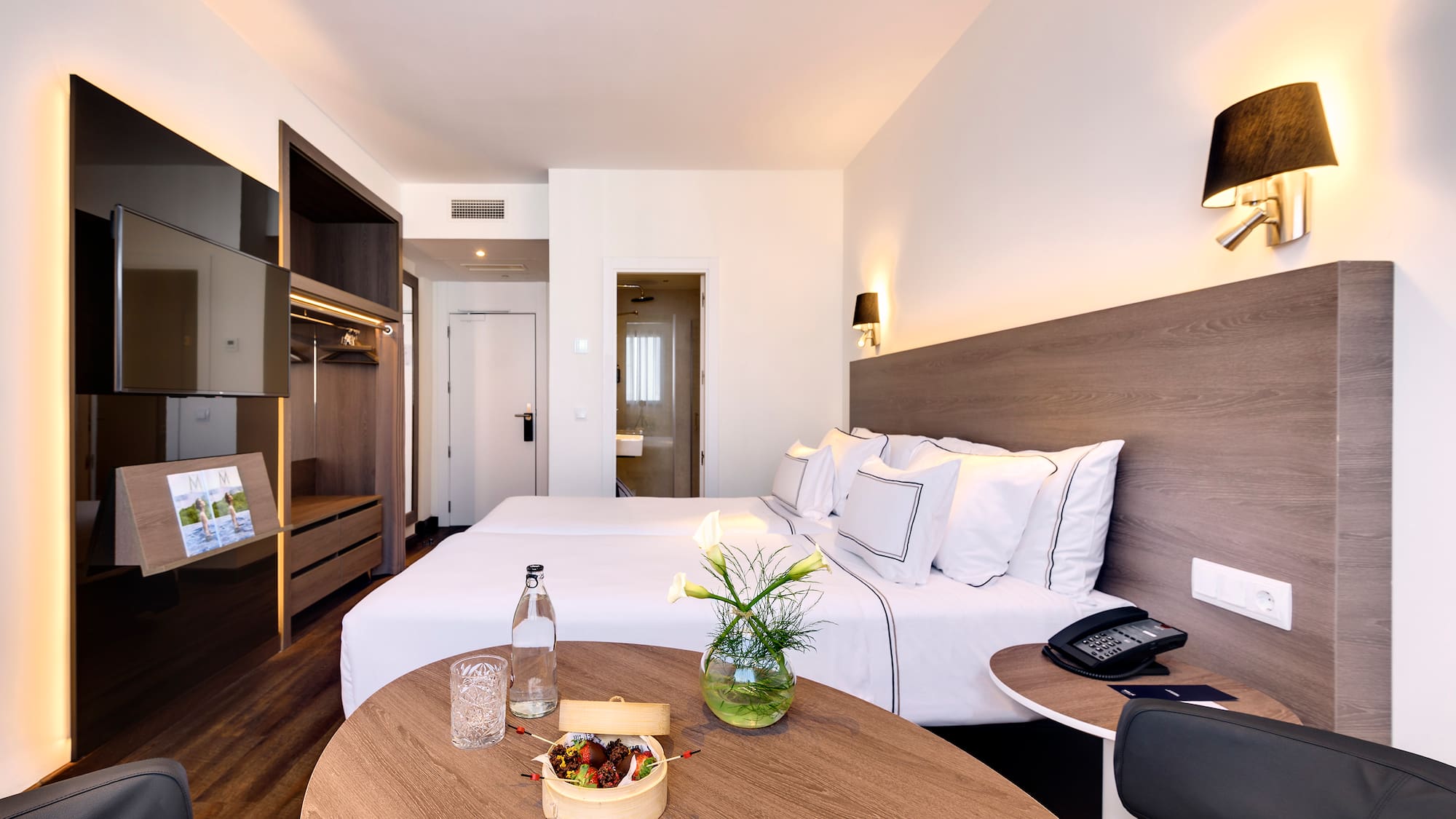 a room with a bed and a table