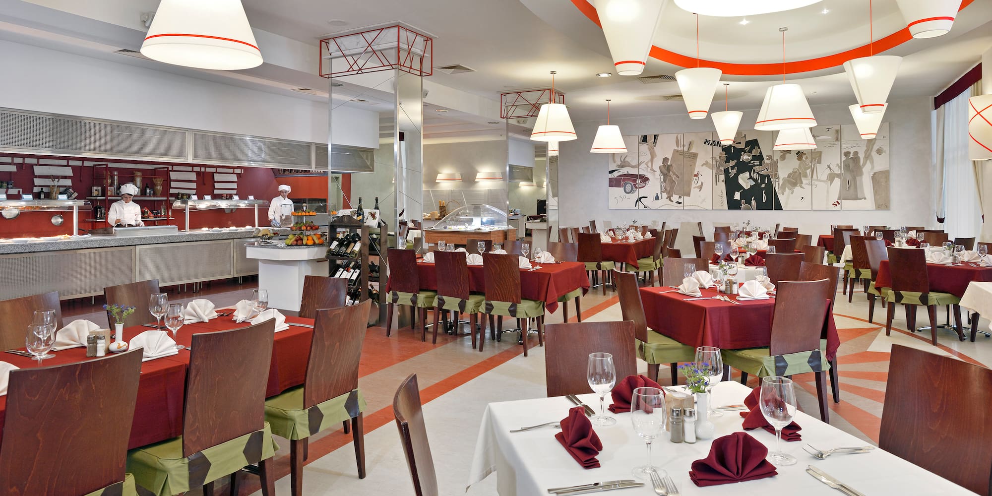 a restaurant with tables and chairs