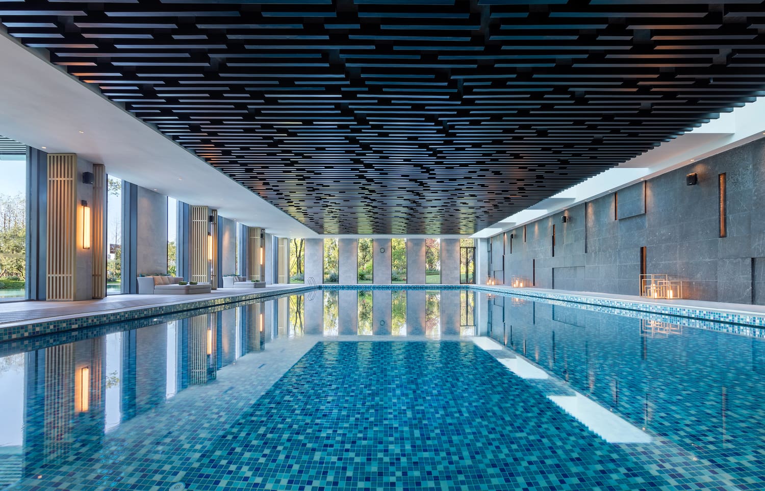 a swimming pool inside a building