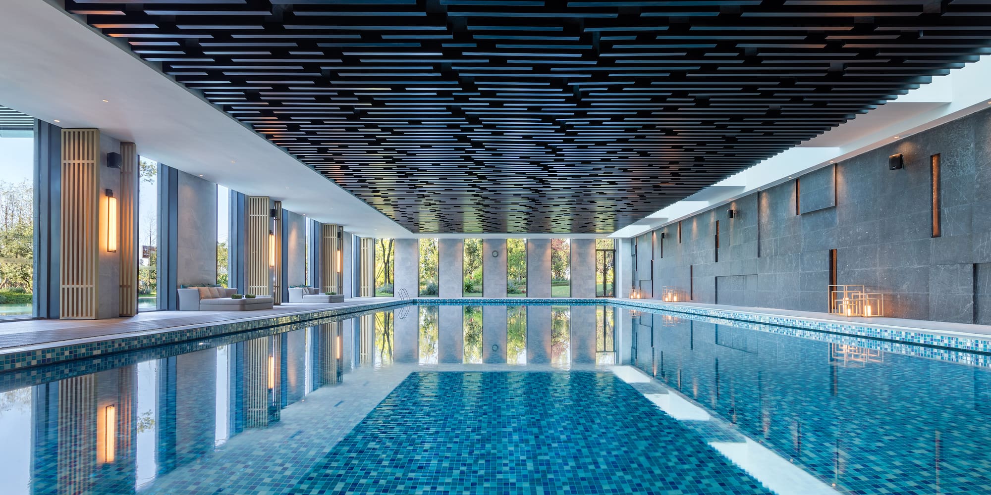 a swimming pool inside a building