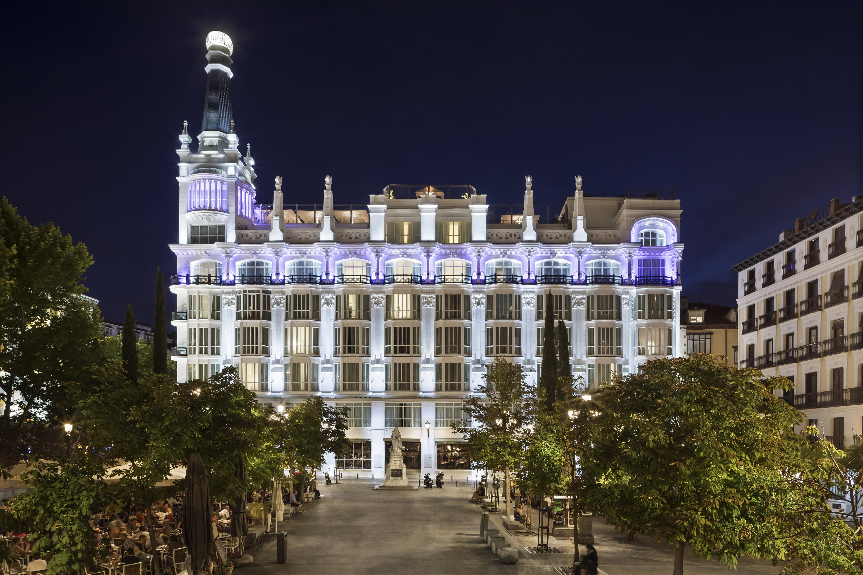 a building with purple lights