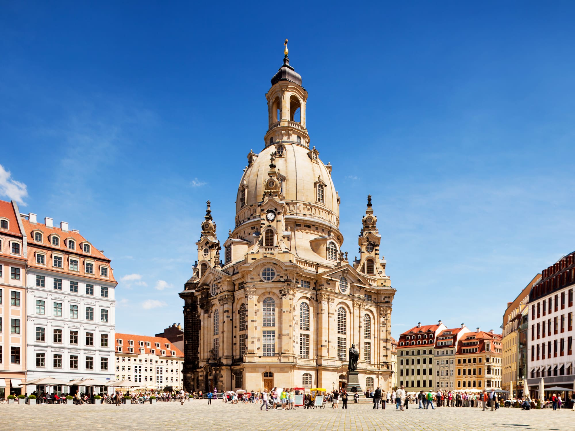 Dresden Frauenkirche Baroque church in Neumarkt square, Germany.