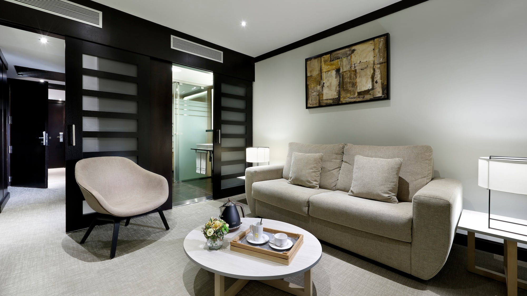 a living room with a couch and a coffee table