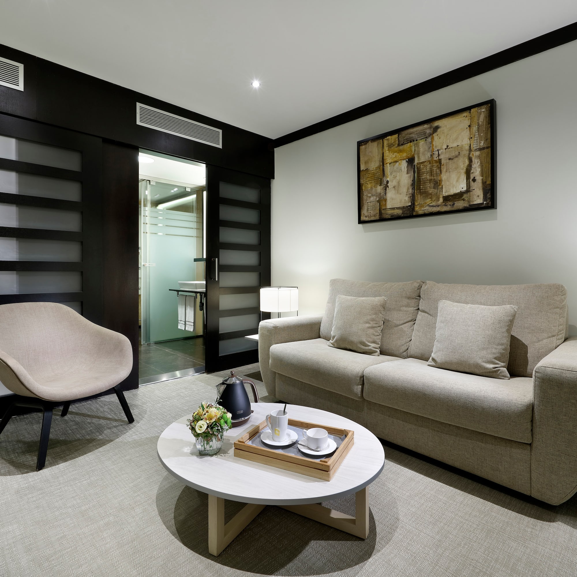 a living room with a couch and a coffee table