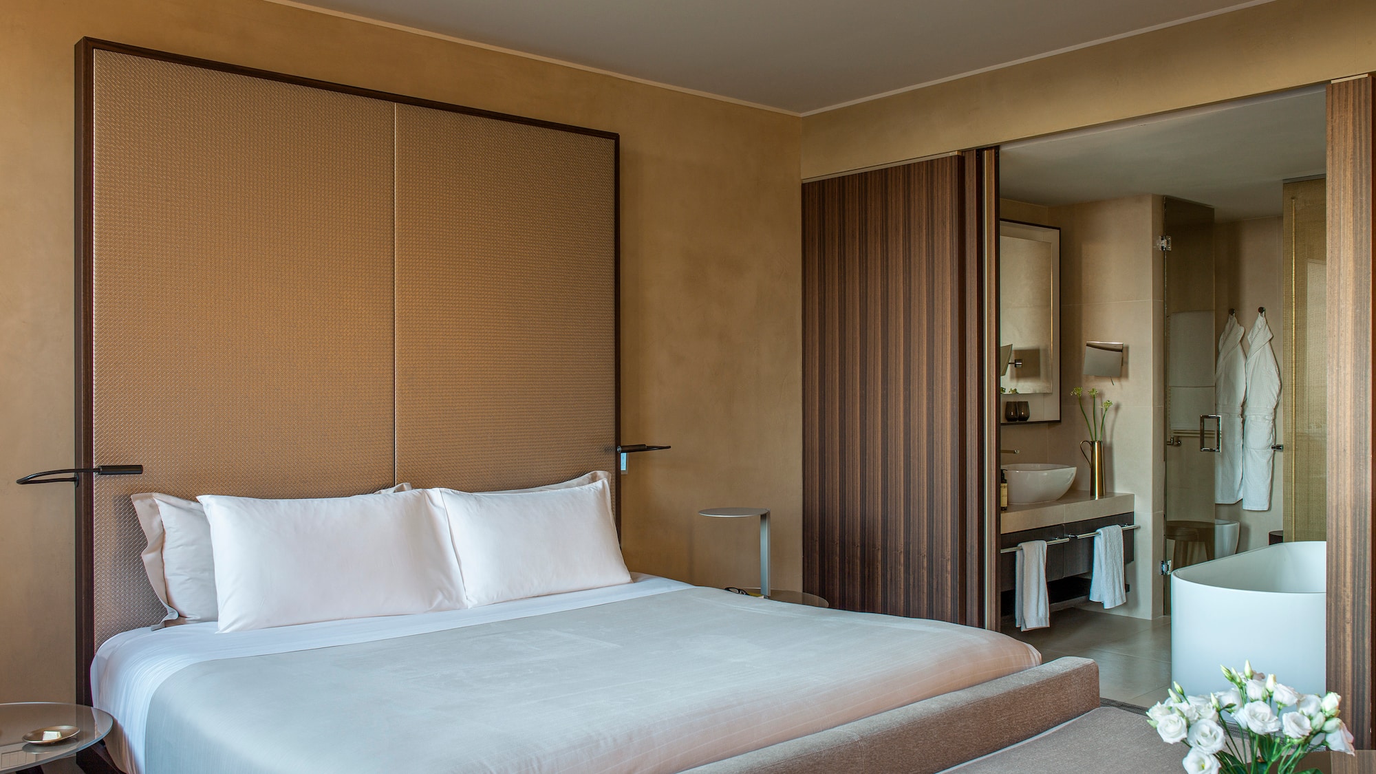 a bed in a hotel room