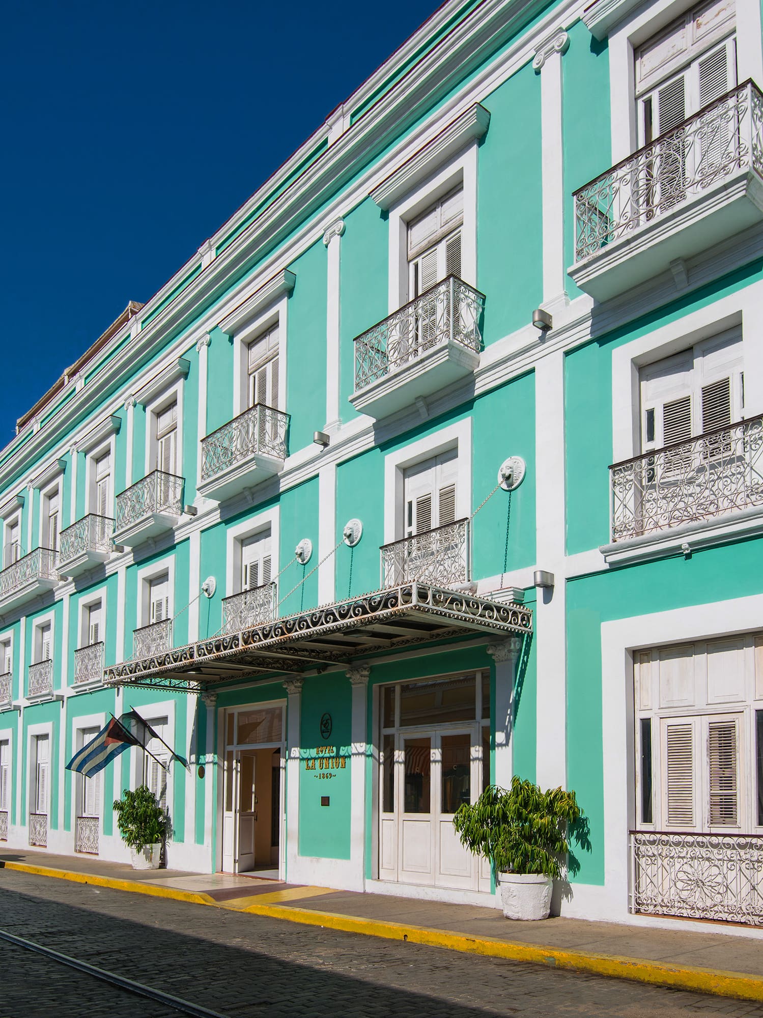 a building with a blue and white building