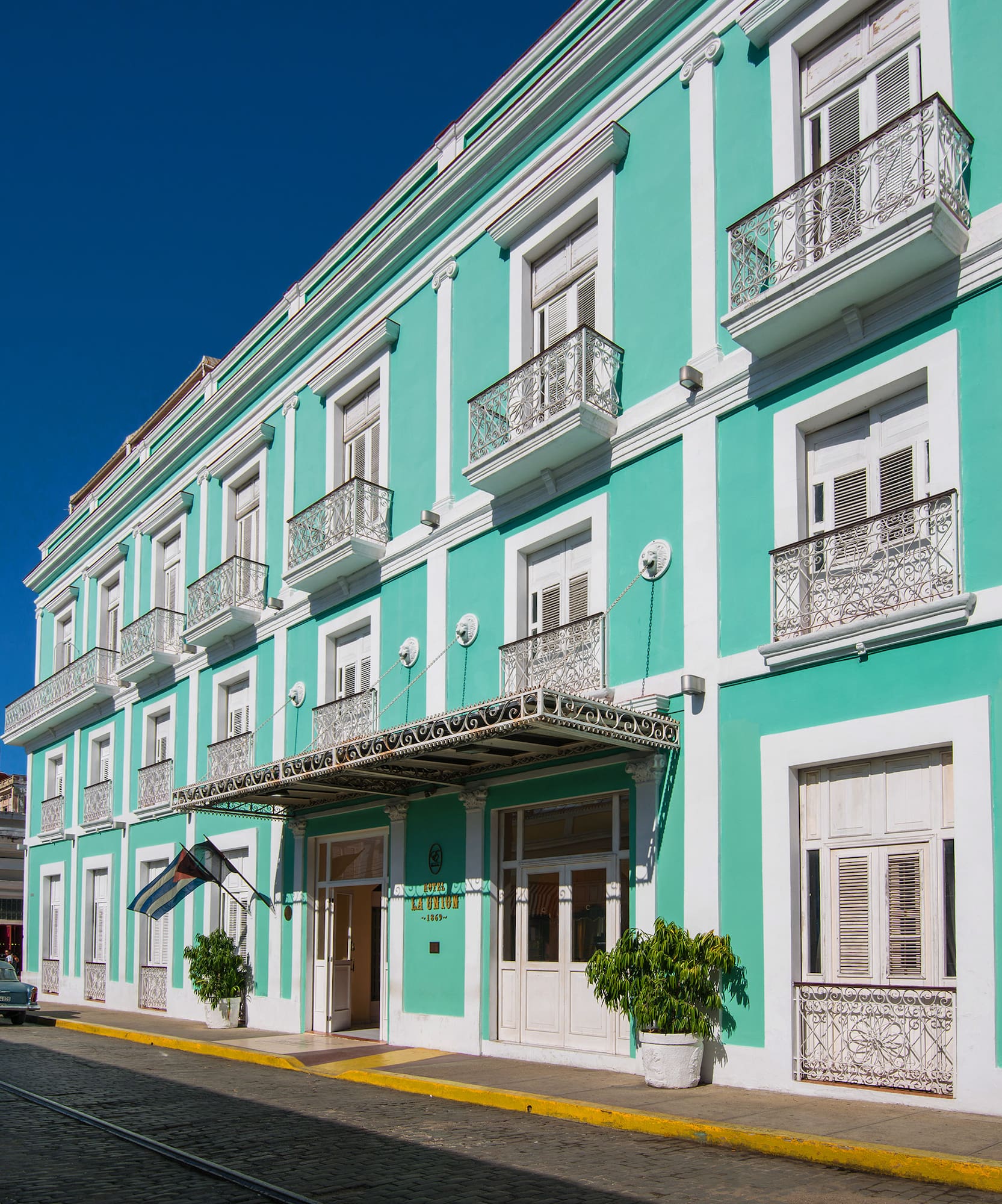 a building with a blue and white building