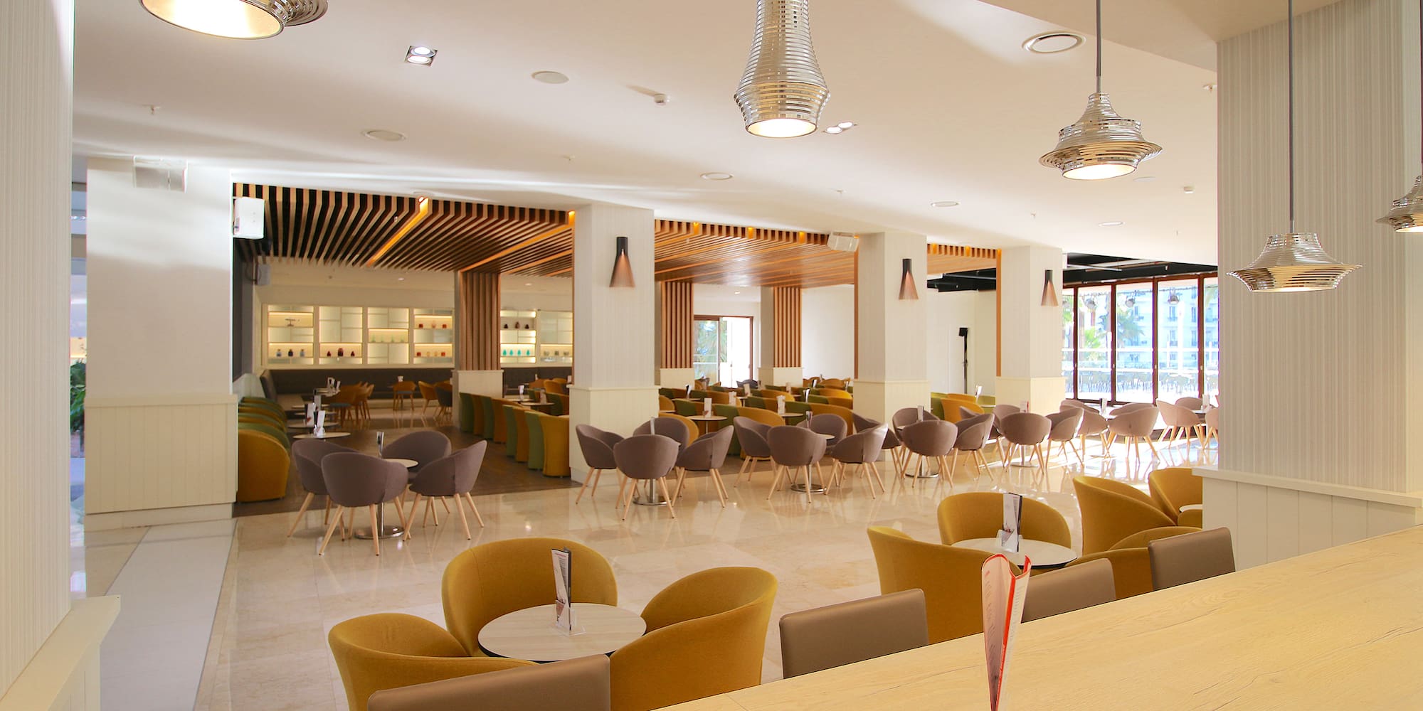 a room with tables and chairs