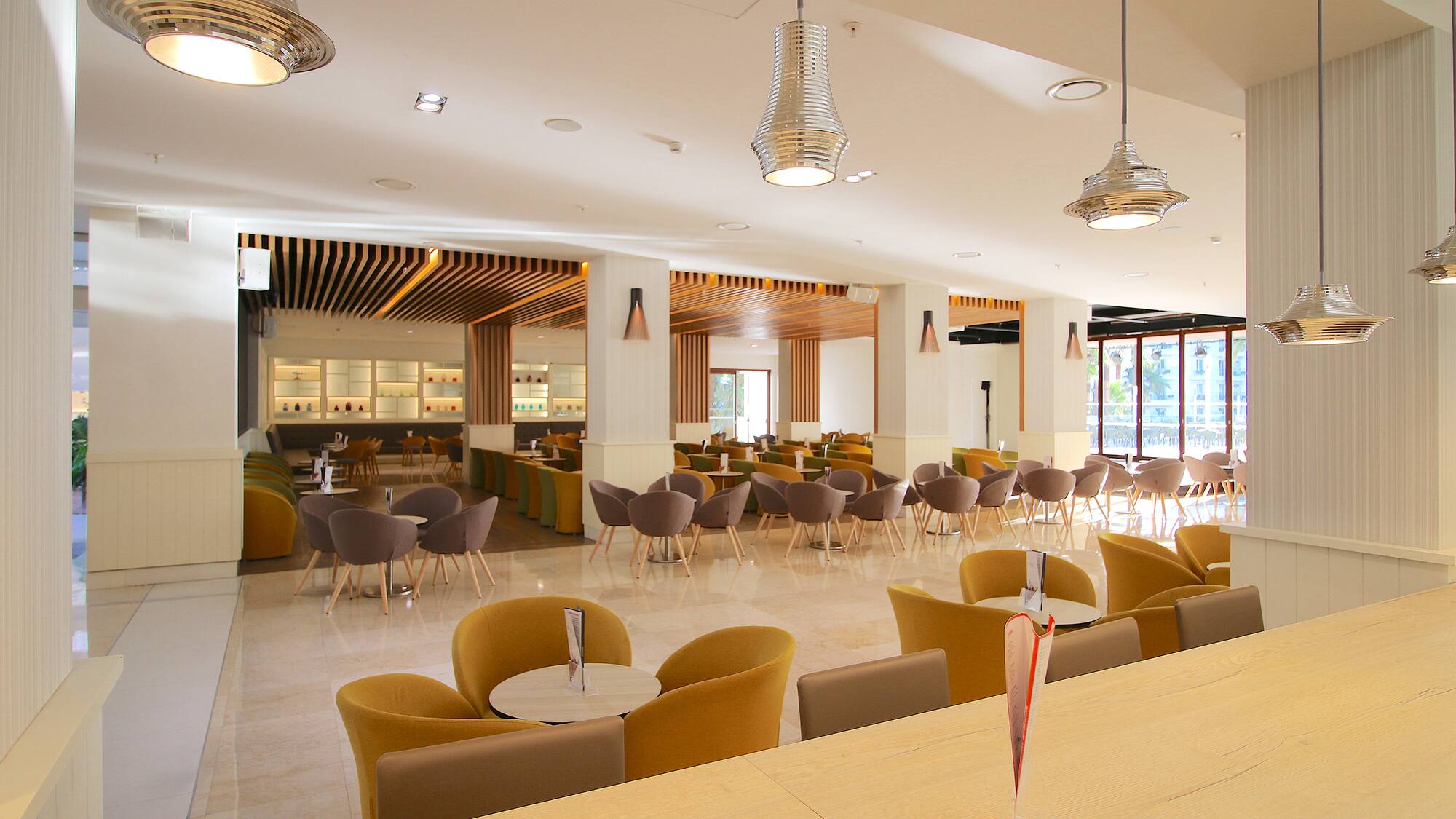 a room with tables and chairs