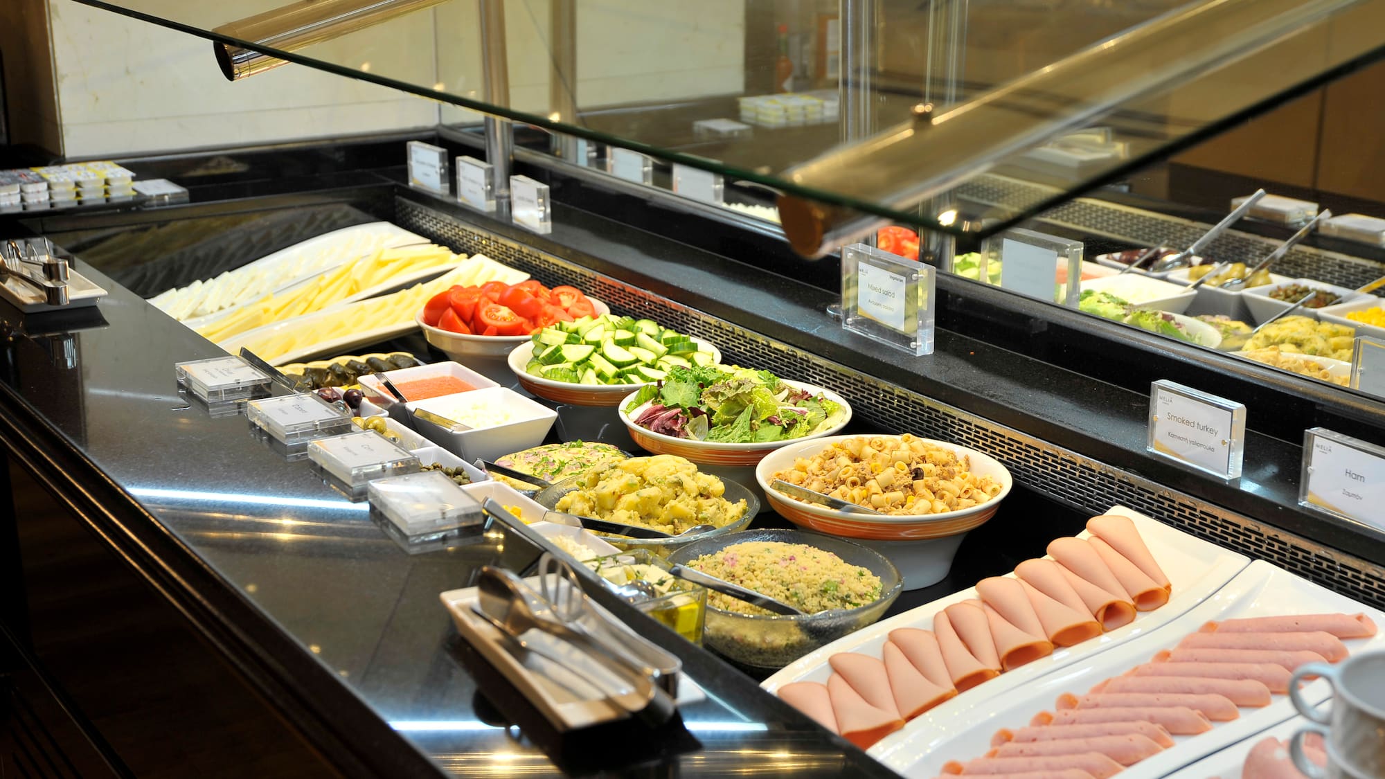 a buffet line of food