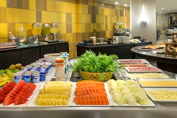 a buffet table with different types of food