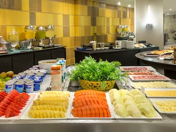a buffet table with different types of food