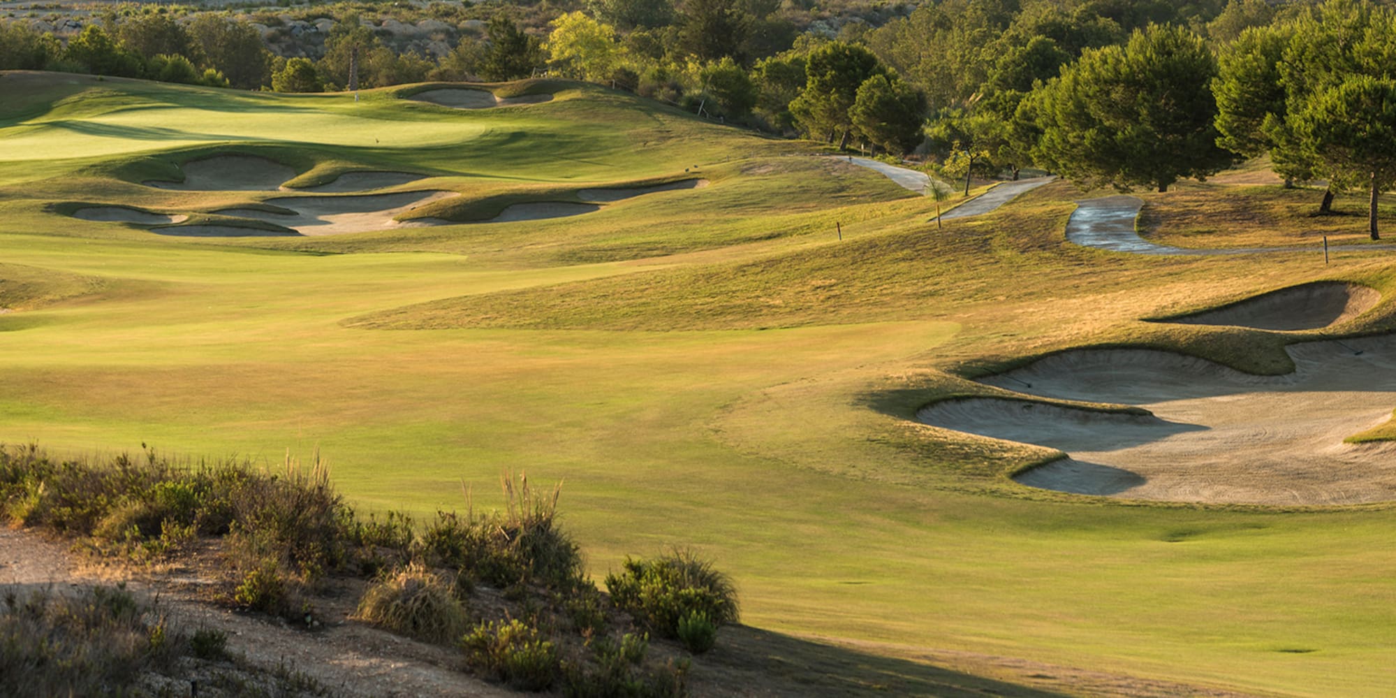 a golf course with sand bunkers