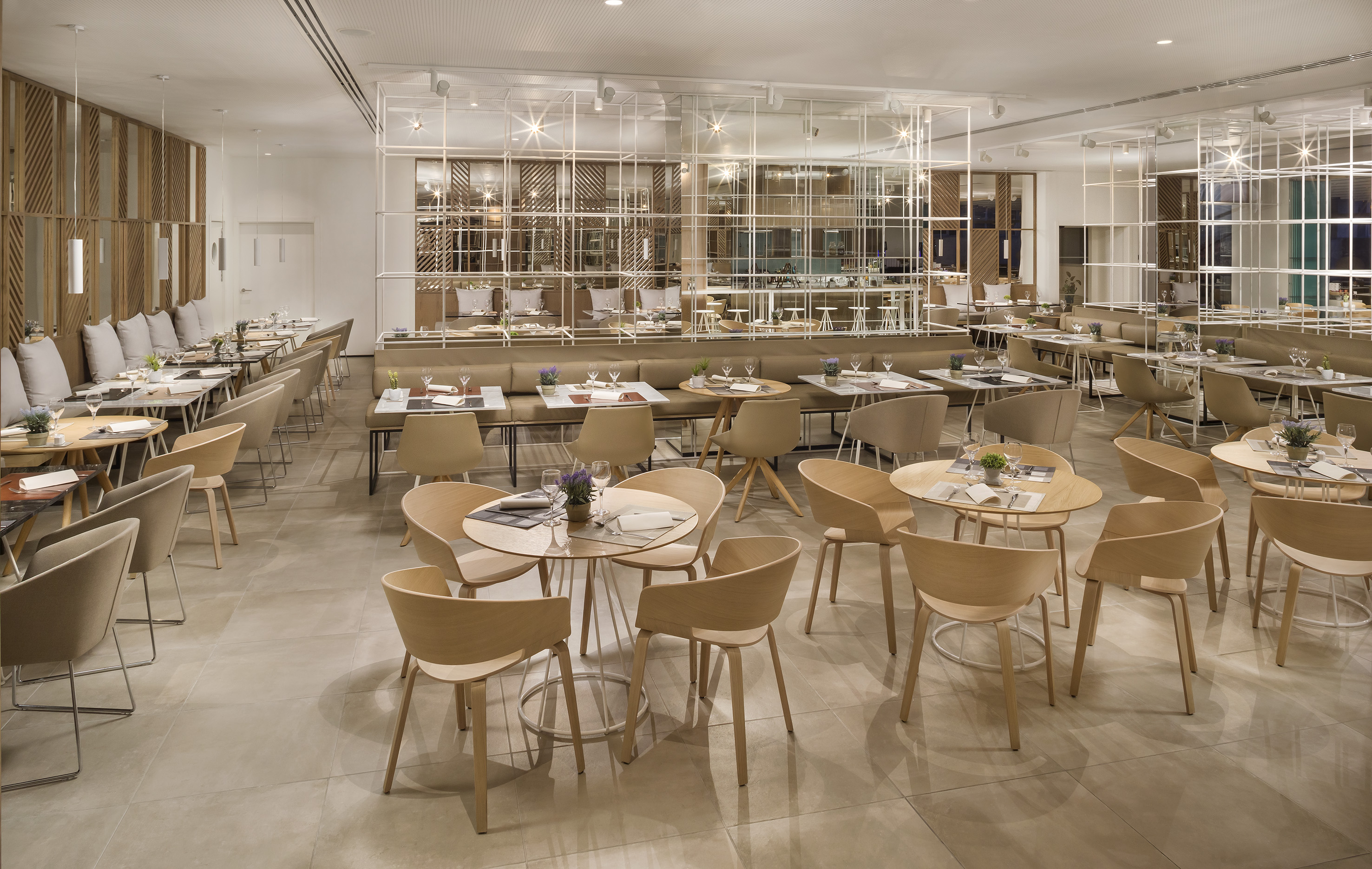 a room with tables and chairs