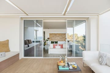 a room with a couch and a table