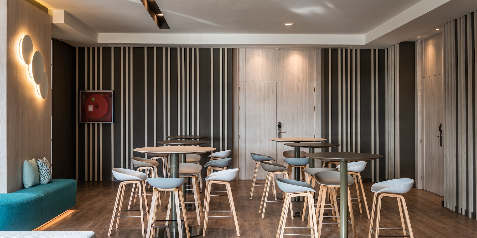 a room with tables and chairs