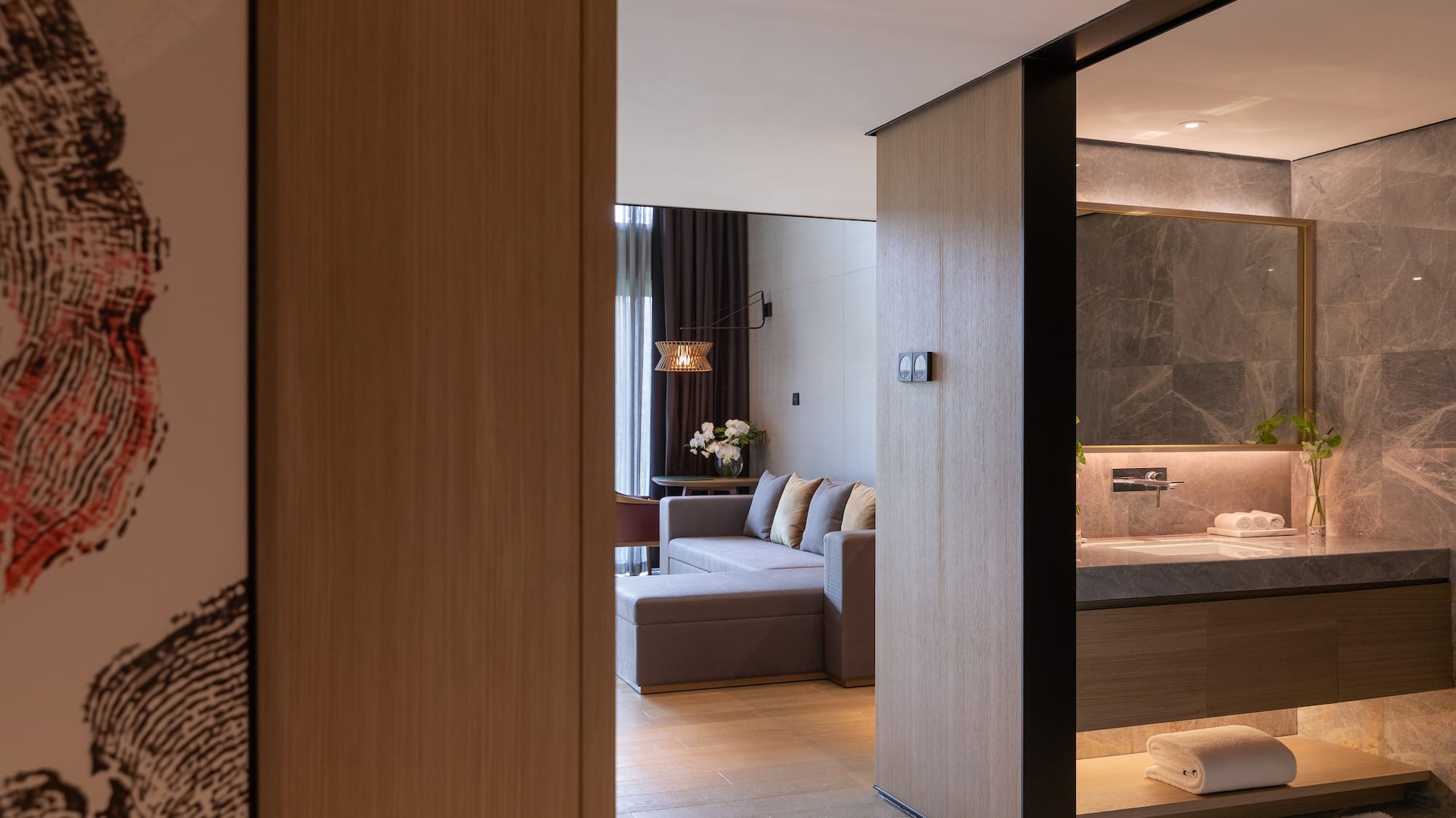 a room with a couch and a sink