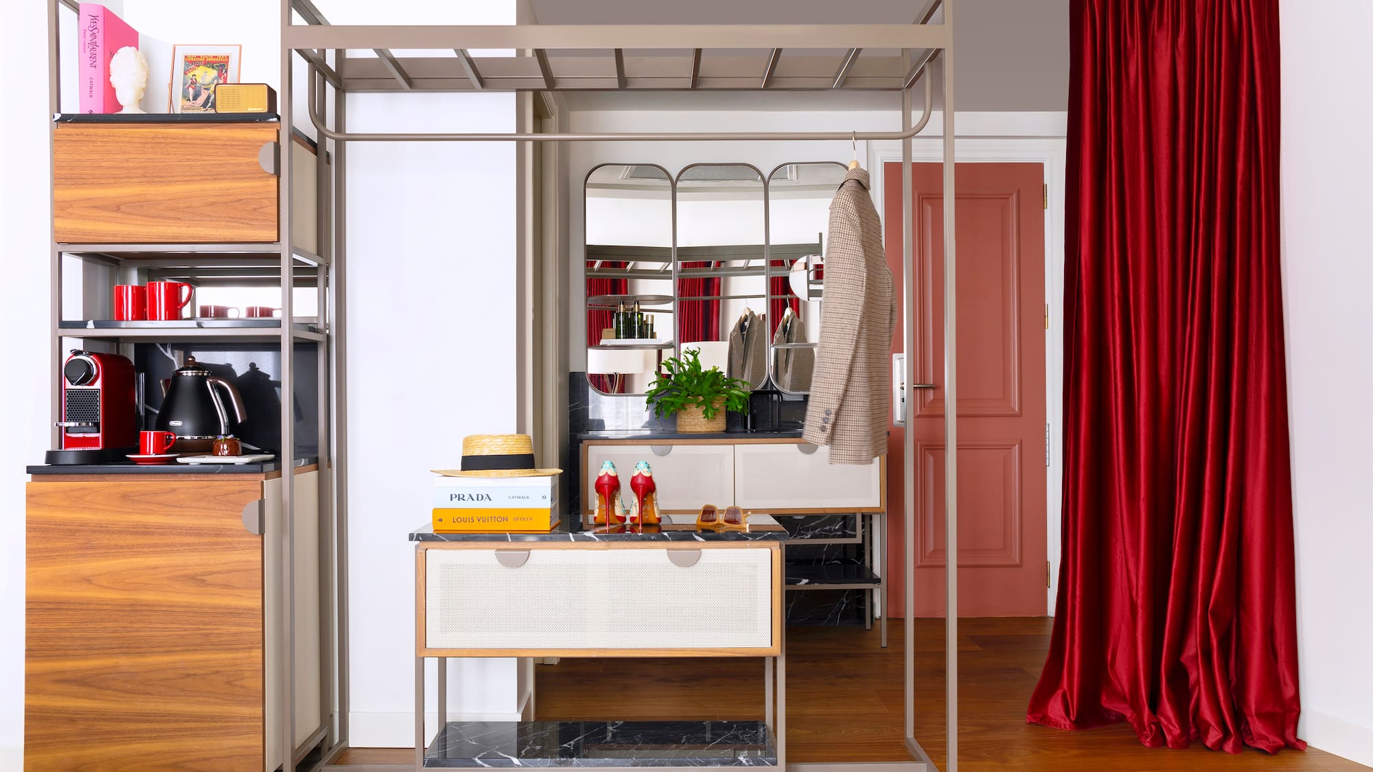 a room with a mirror and a dresser