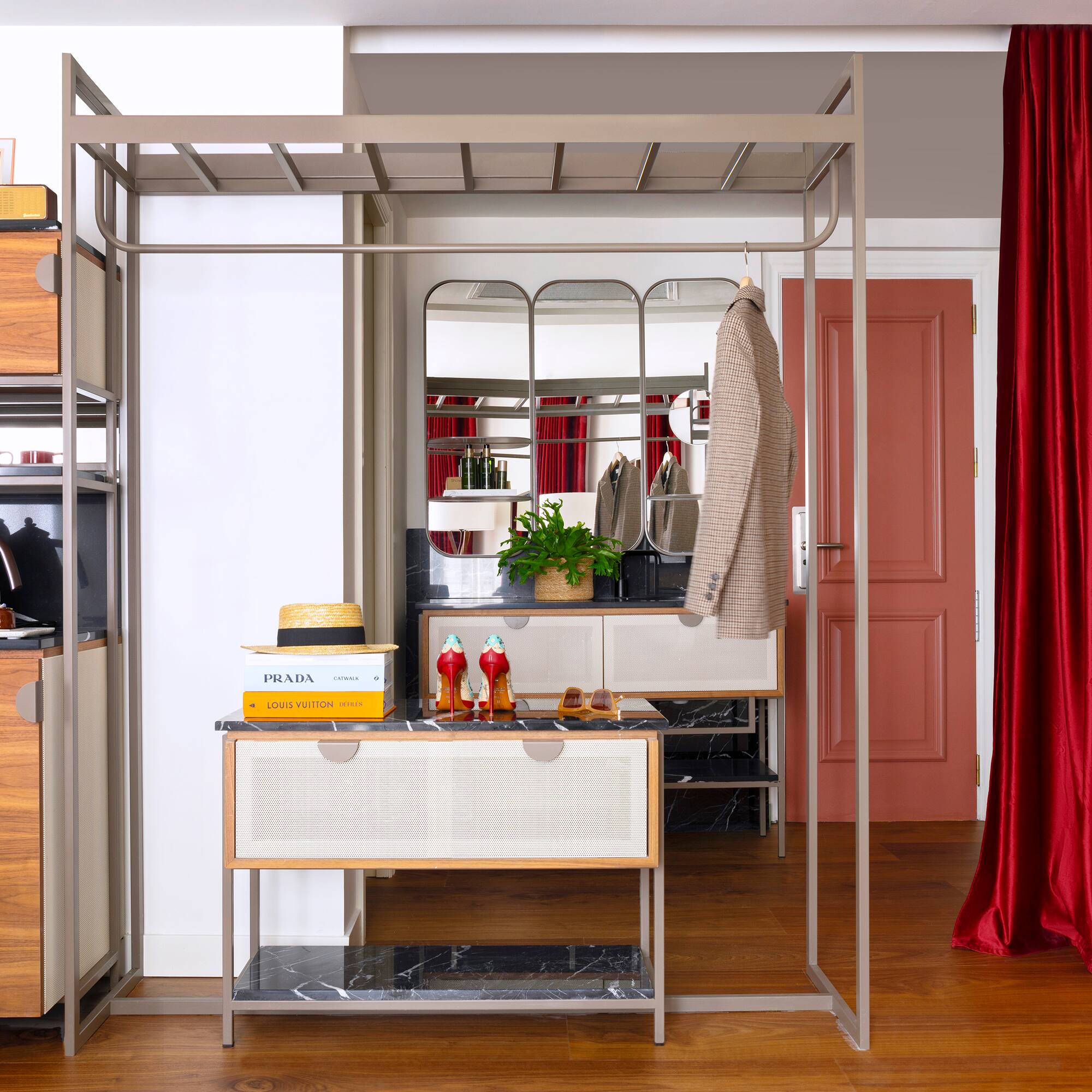 a room with a mirror and a dresser