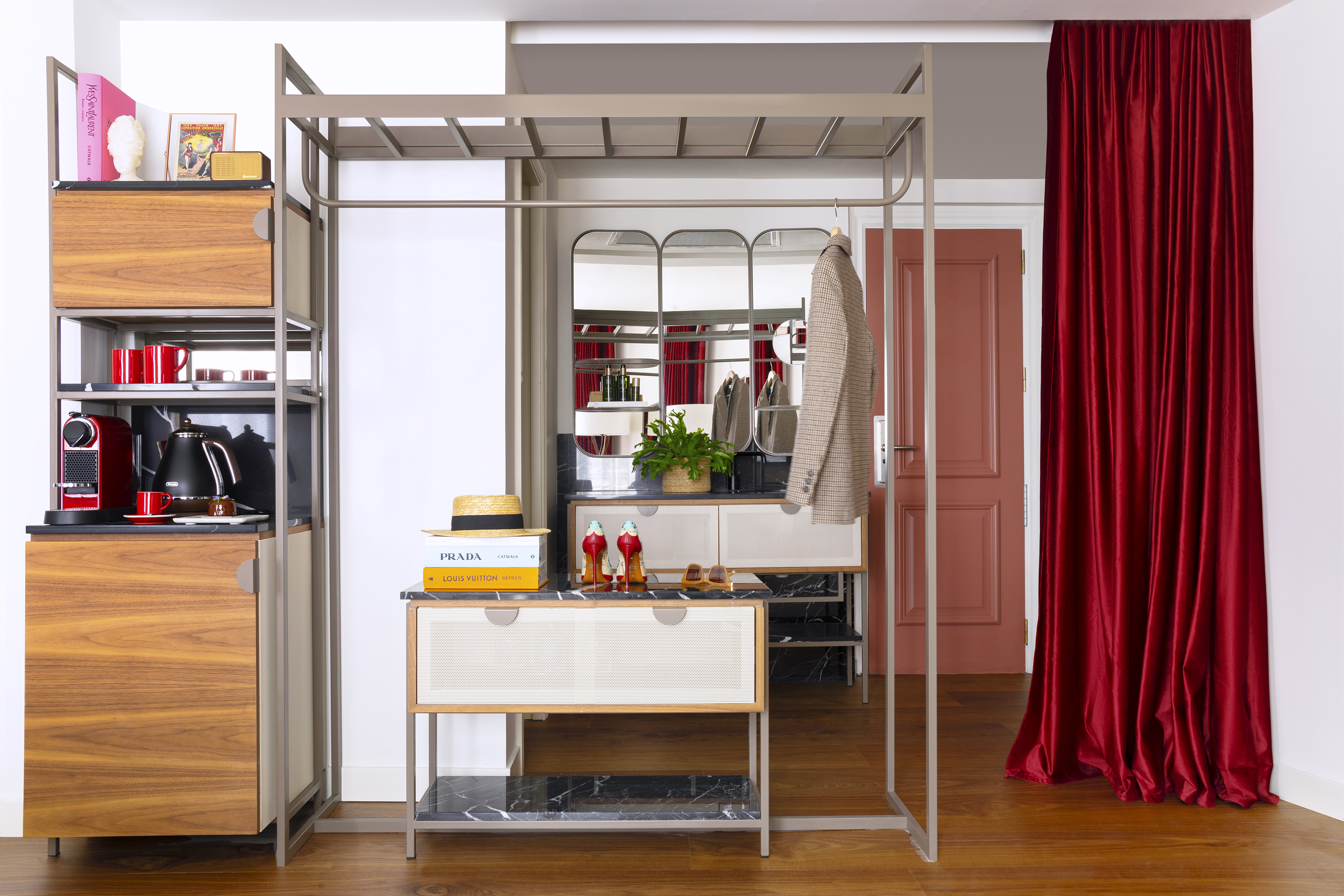 Modern modular shelving, coffee station, wardrobe, and decorative mirror.