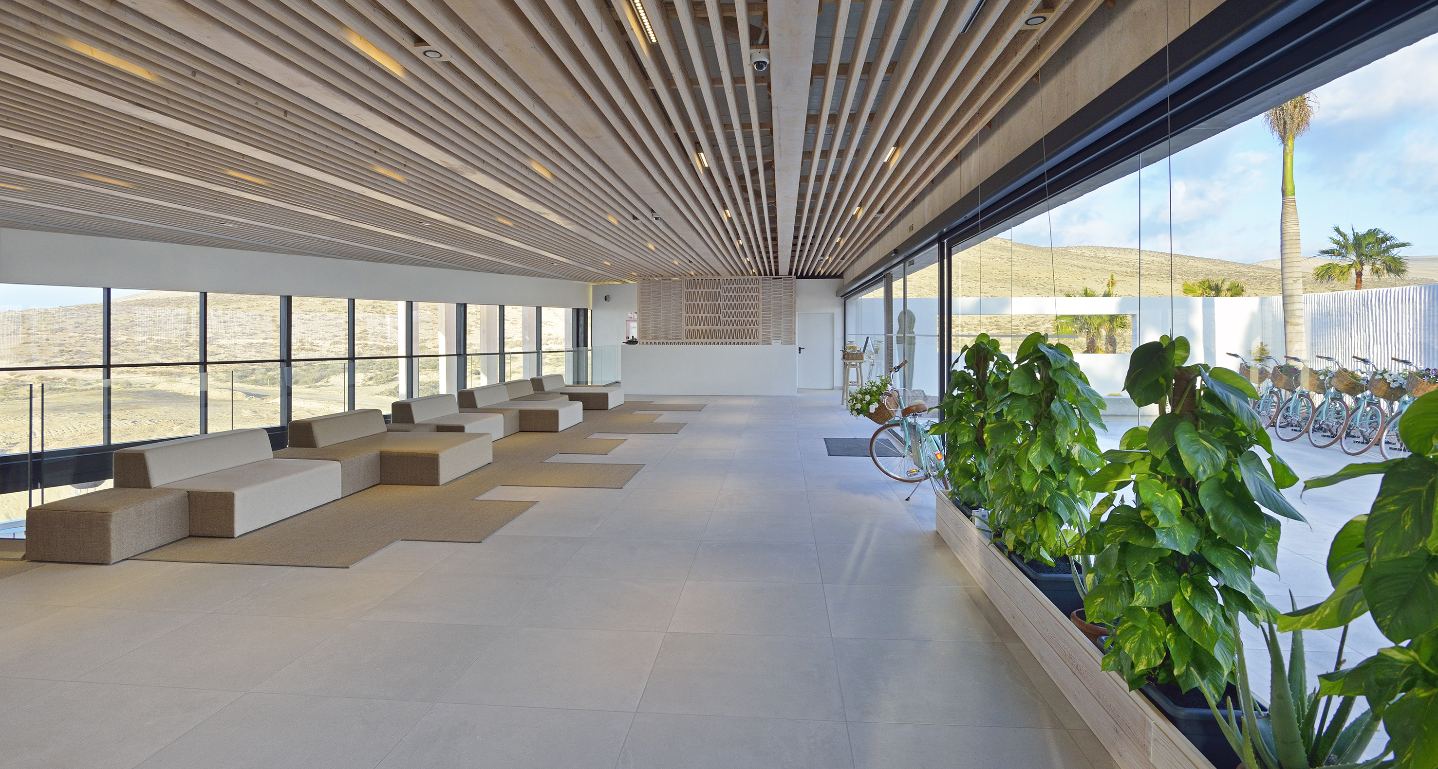 Modern lobby with wooden ceiling, modular seating, desert view, and bicycles.