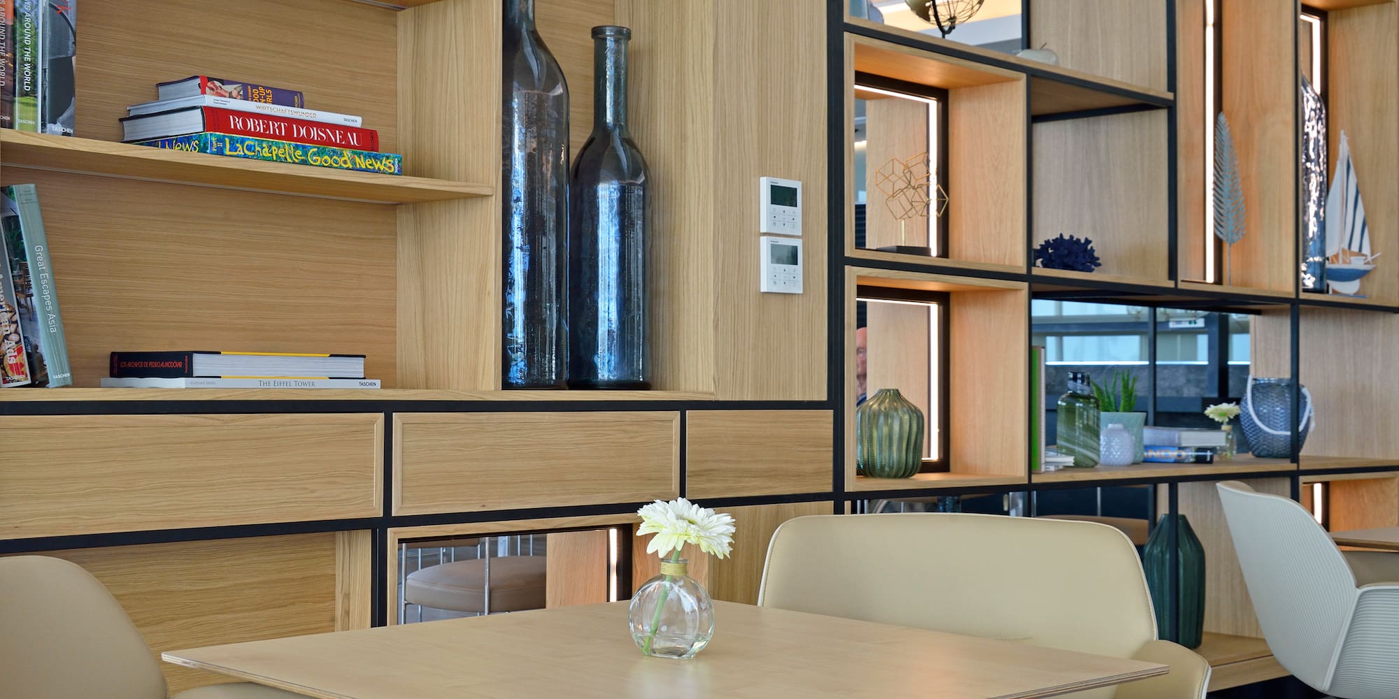 a table and chairs in a room