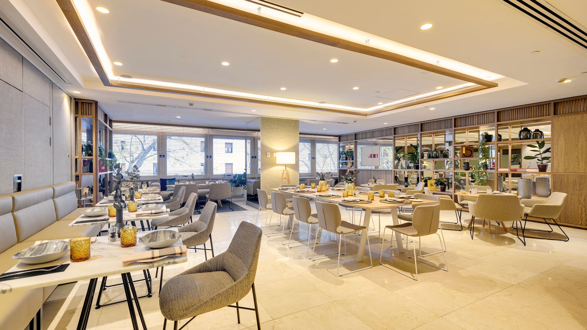 a room with tables and chairs